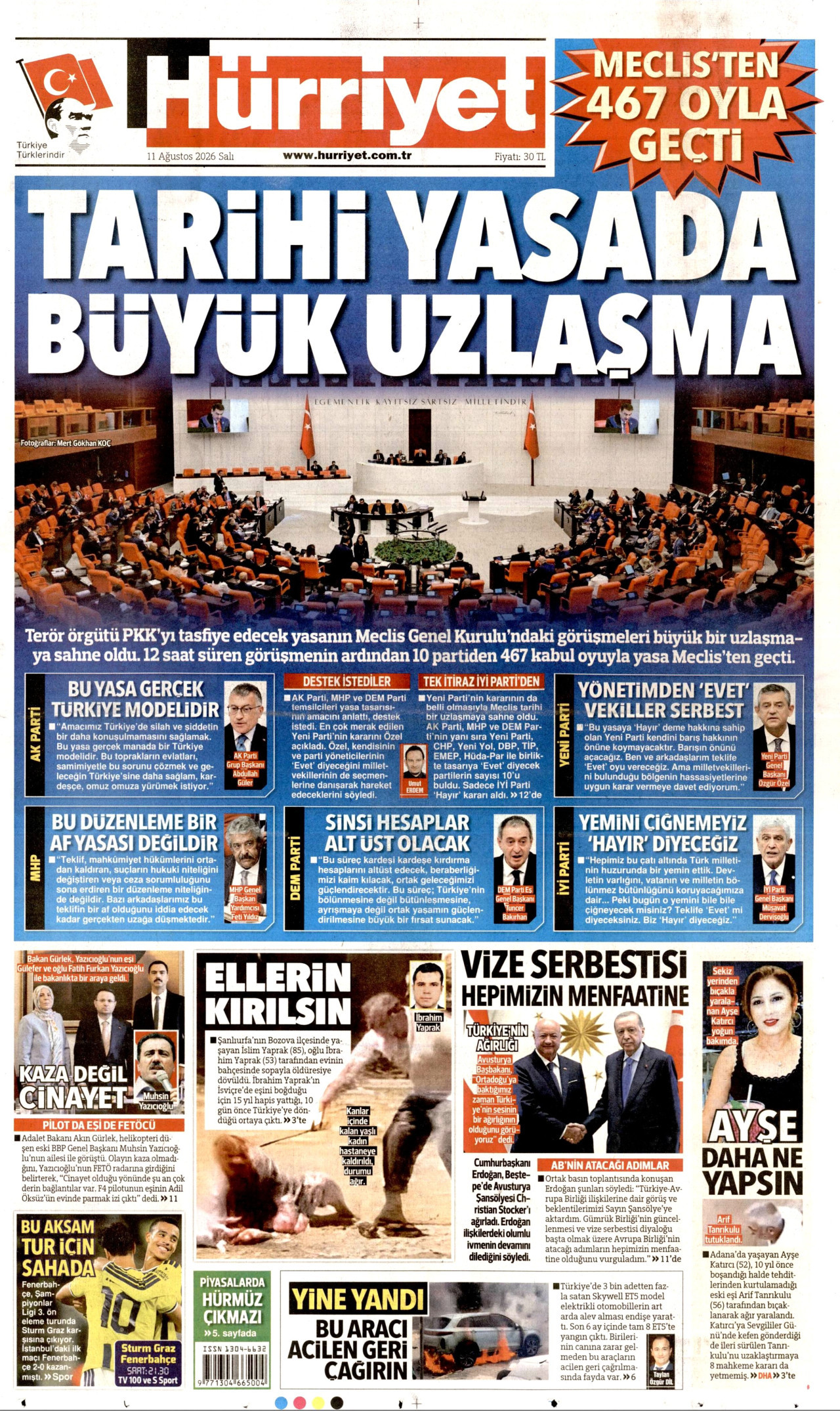 HÜRRİYET gazetesinin 11 Ağustos 2026 tarihli birinci sayfası