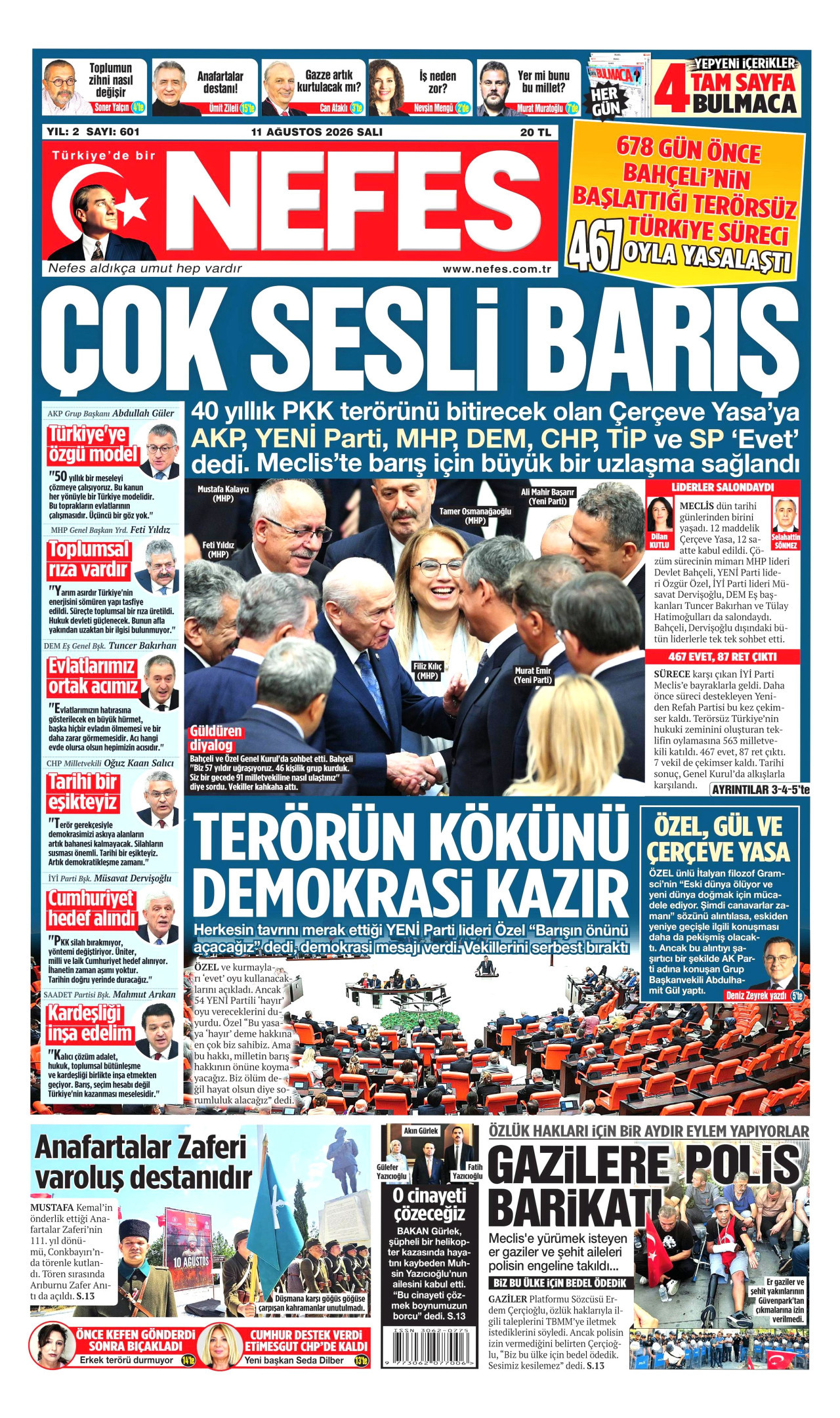 NEFES gazetesinin 11 Ağustos 2026 tarihli birinci sayfası