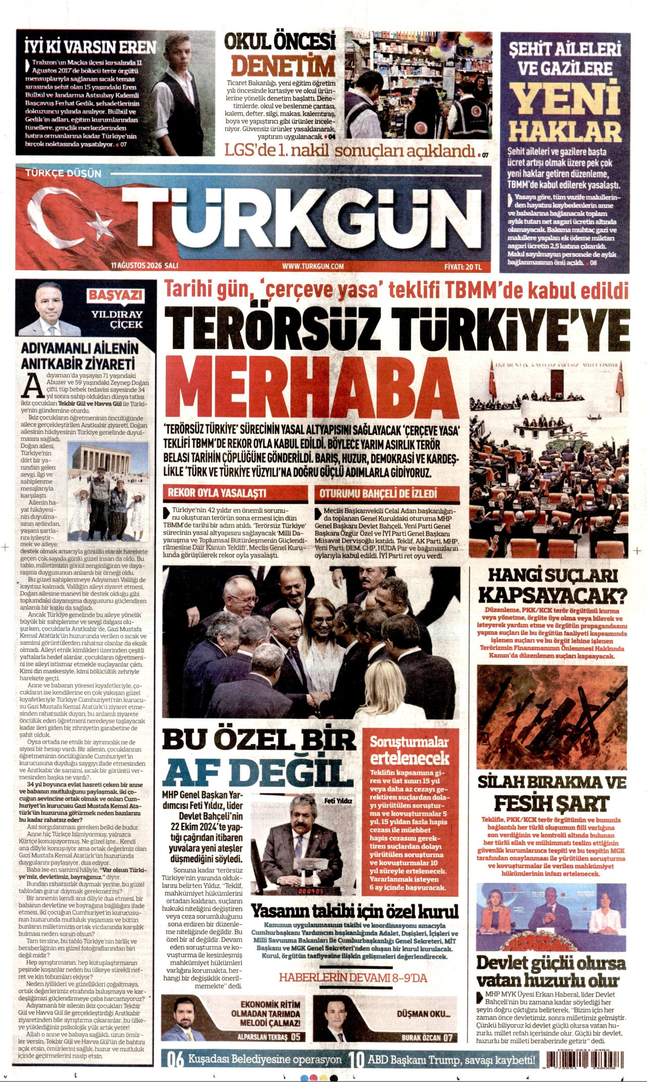 TÜRKGÜN gazetesinin 11 Ağustos 2026 tarihli birinci sayfası