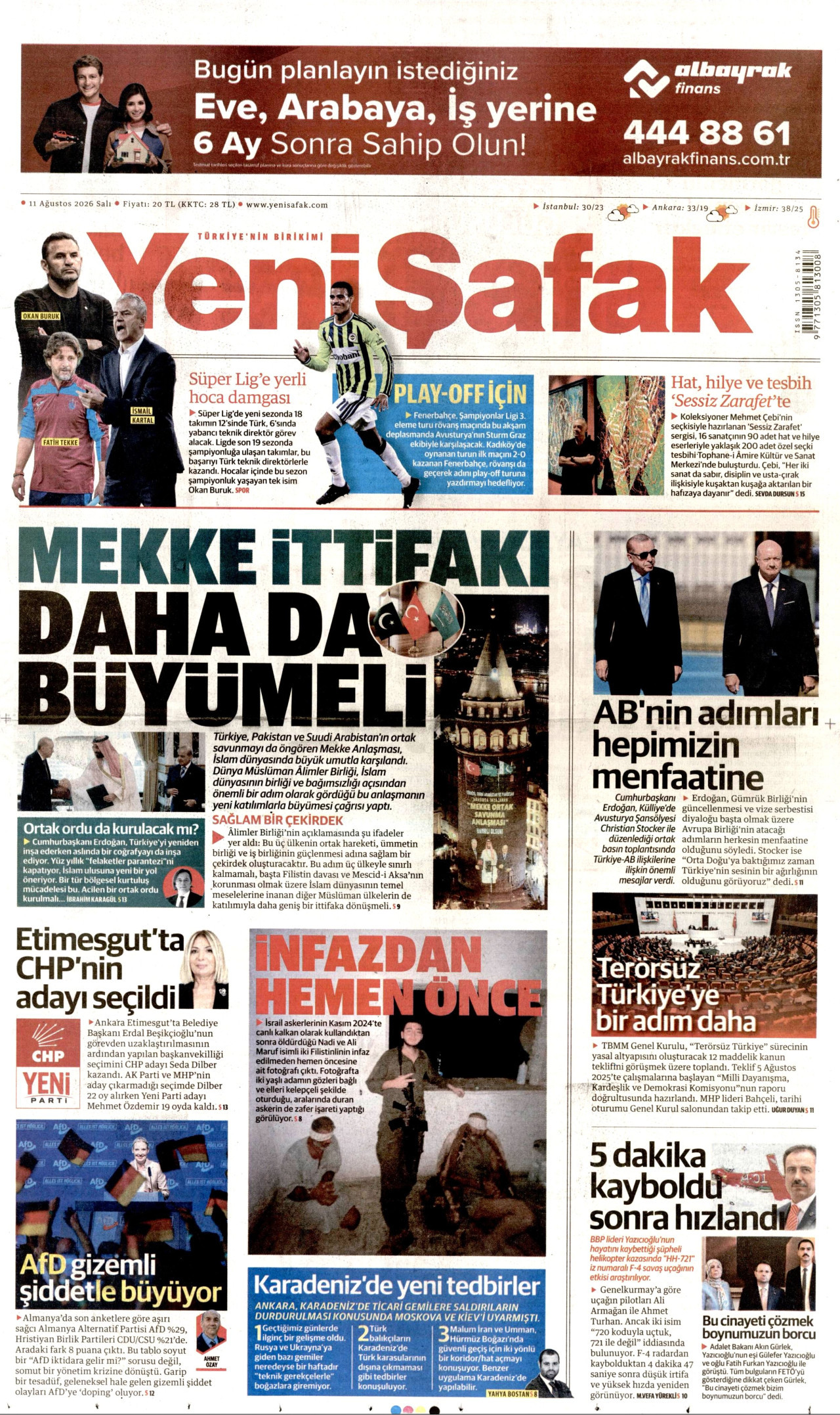 YENİ ŞAFAK gazetesinin 11 Ağustos 2026 tarihli birinci sayfası