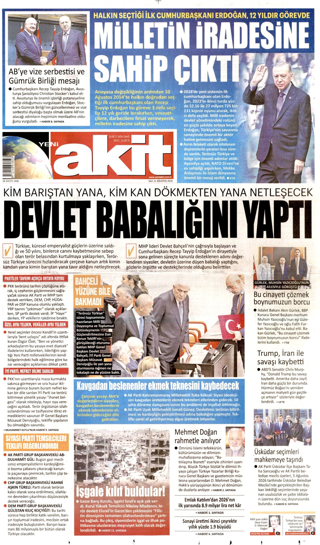 YENİ AKİT gazetesinin 11 Ağustos 2026 tarihli birinci sayfası