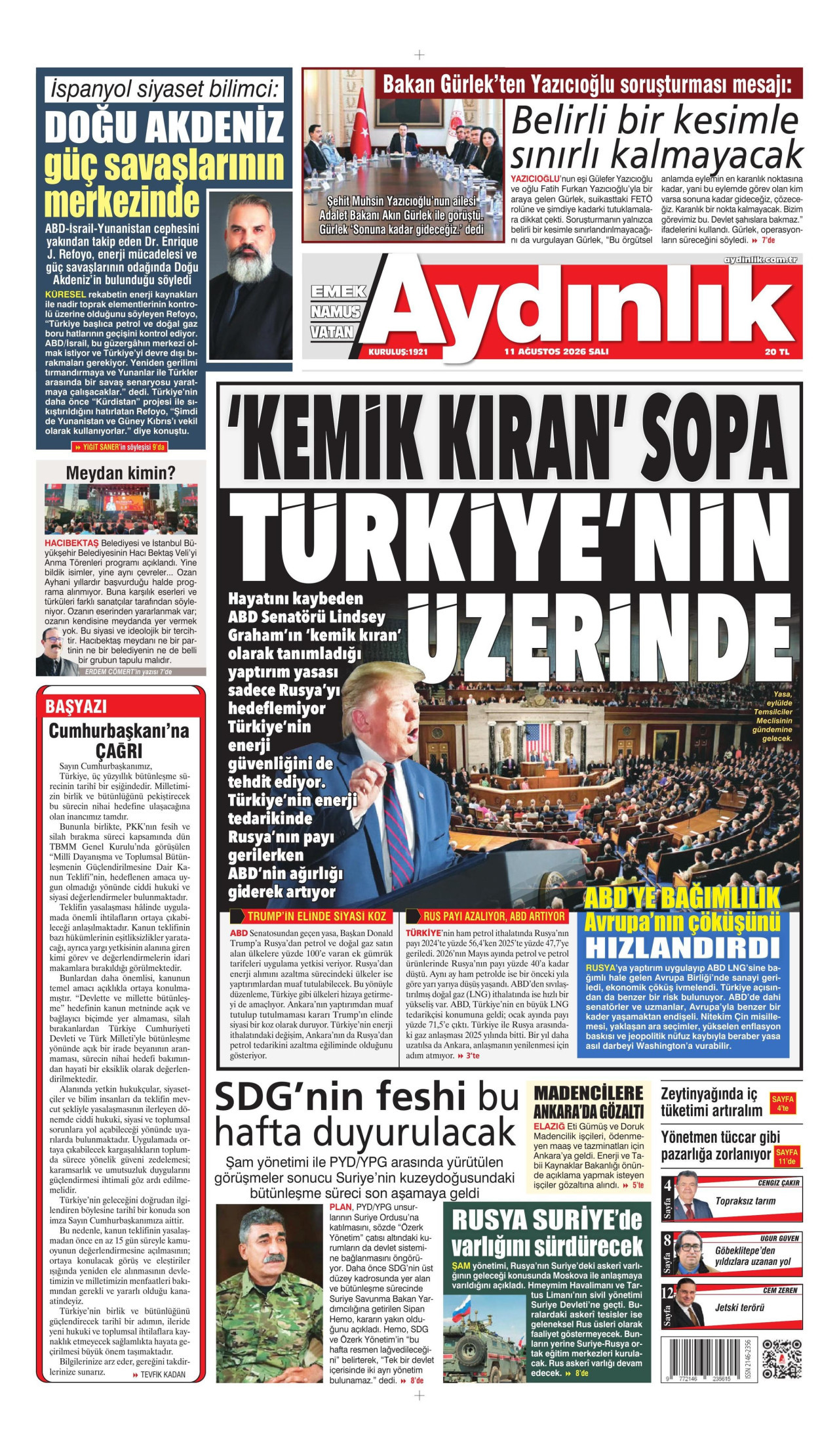 AYDINLIK GAZETESİ gazetesinin 11 Ağustos 2026 tarihli birinci sayfası