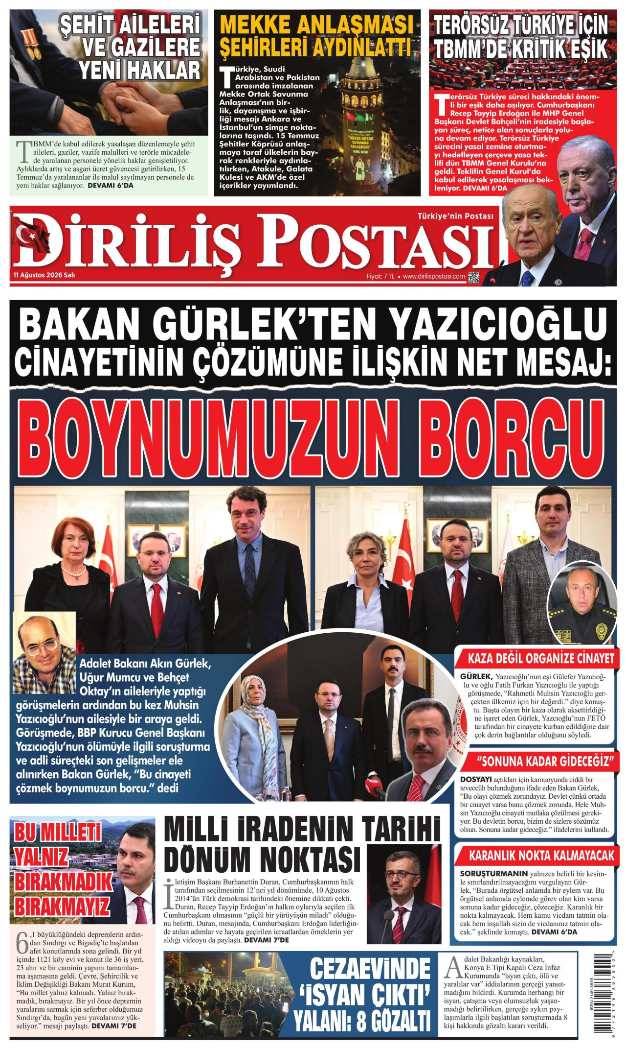 DİRİLİŞ POSTASI gazetesinin 11 Ağustos 2026 tarihli birinci sayfası