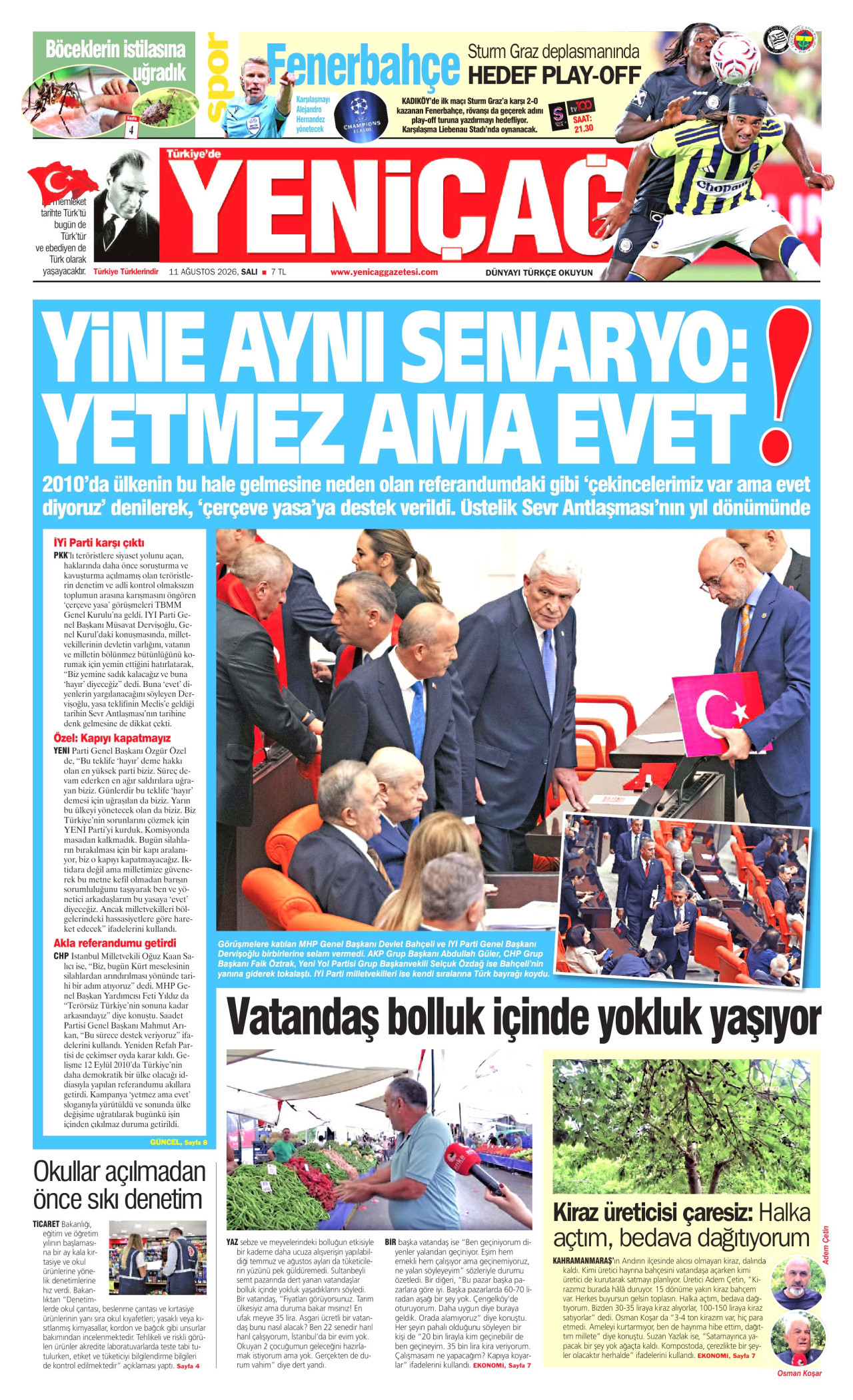 YENİÇAĞ gazetesinin 11 Ağustos 2026 tarihli birinci sayfası