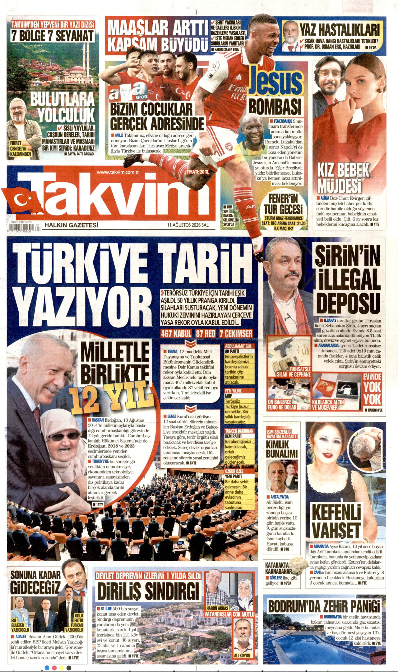 TAKVİM gazetesinin 11 Ağustos 2026 tarihli birinci sayfası