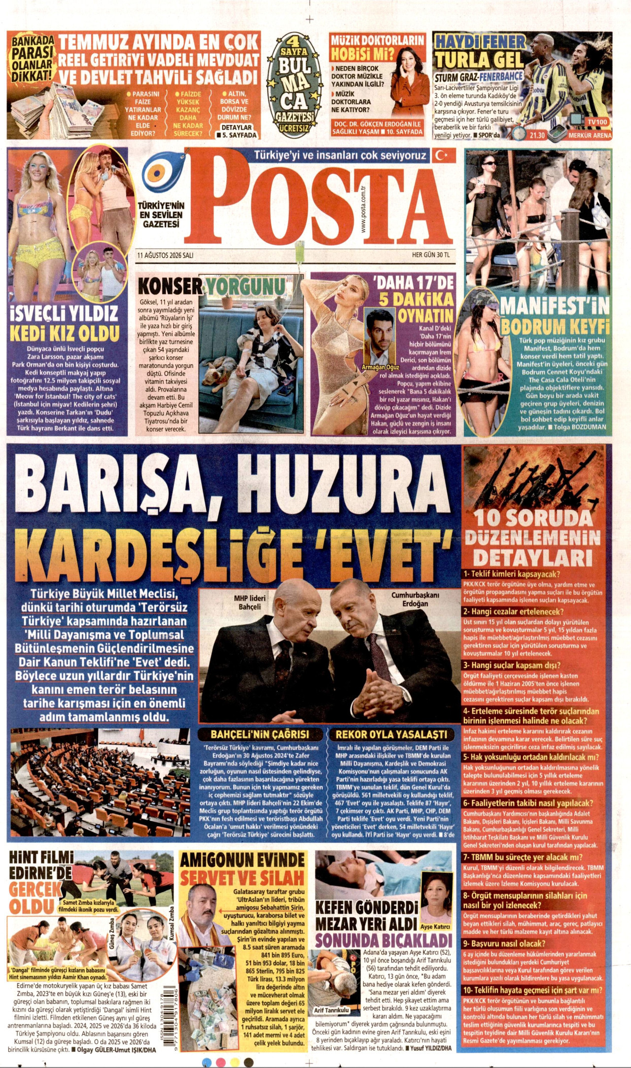 POSTA gazetesinin 11 Ağustos 2026 tarihli birinci sayfası