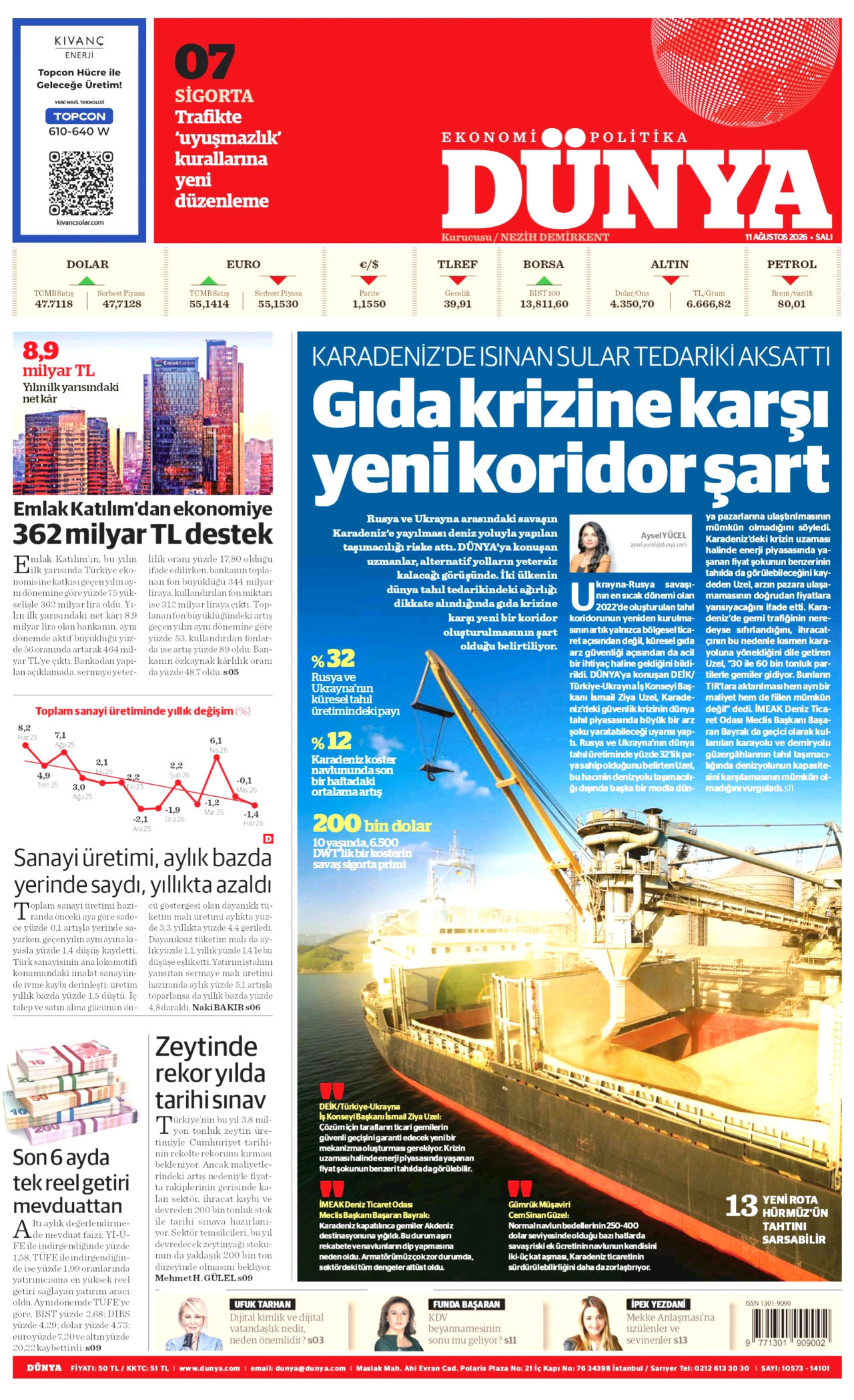 DÜNYA gazetesinin 11 Ağustos 2026 tarihli birinci sayfası