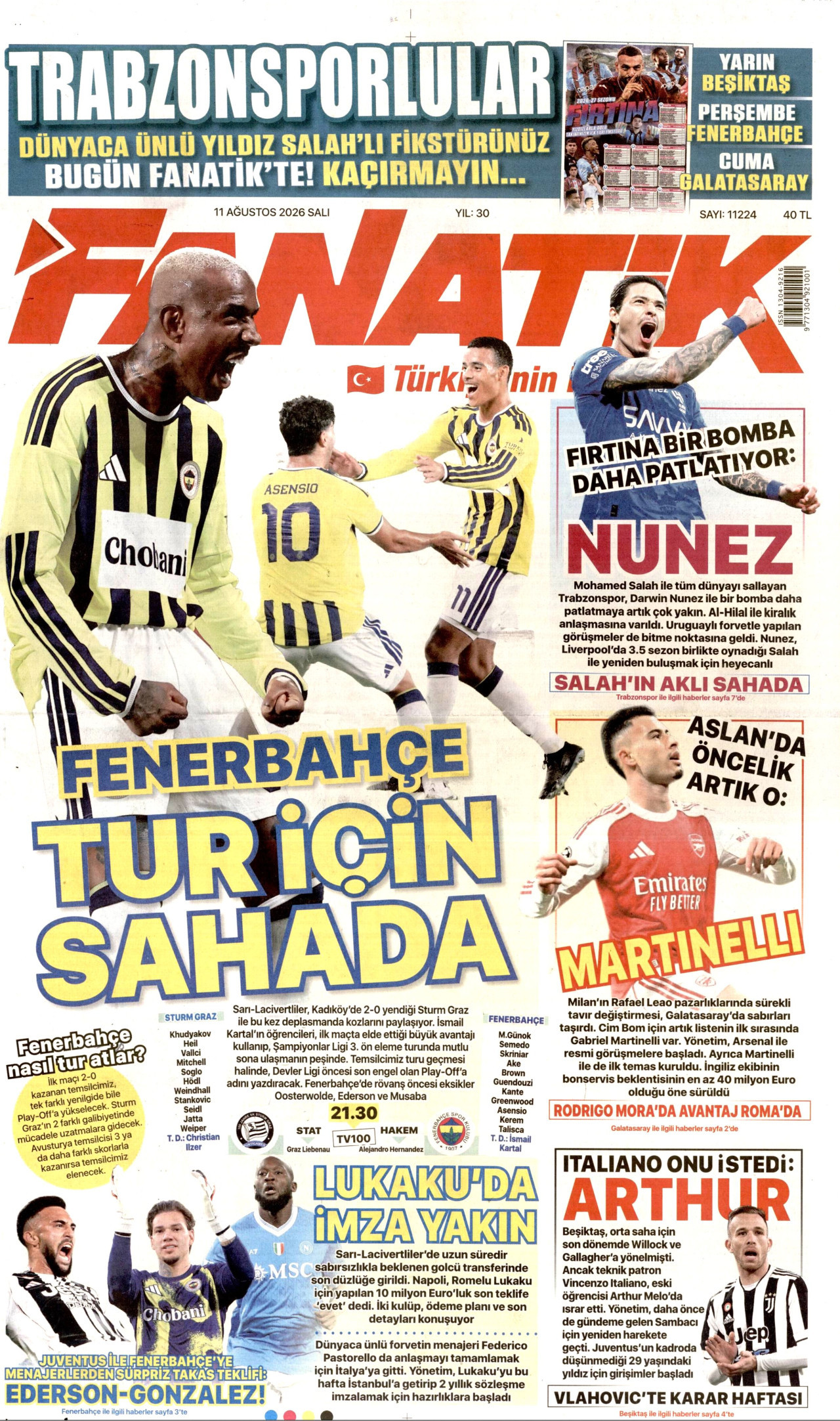 FANATİK gazetesinin 11 Ağustos 2026 tarihli birinci sayfası