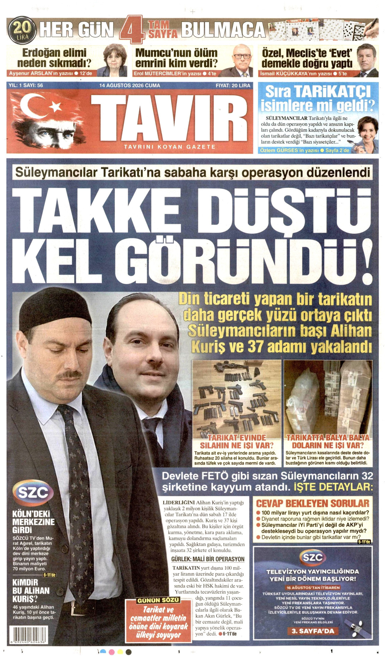 TAVIR GAZETESİ 14 Ağustos 2026 Gazete Manşeti Büyük