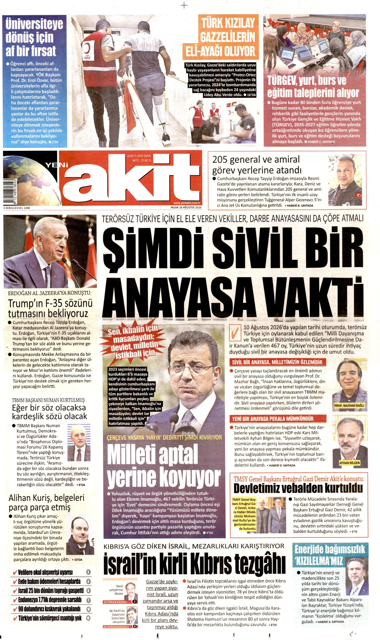 YENİ AKİT 16 Ağustos 2026 Gazete Manşeti Büyük