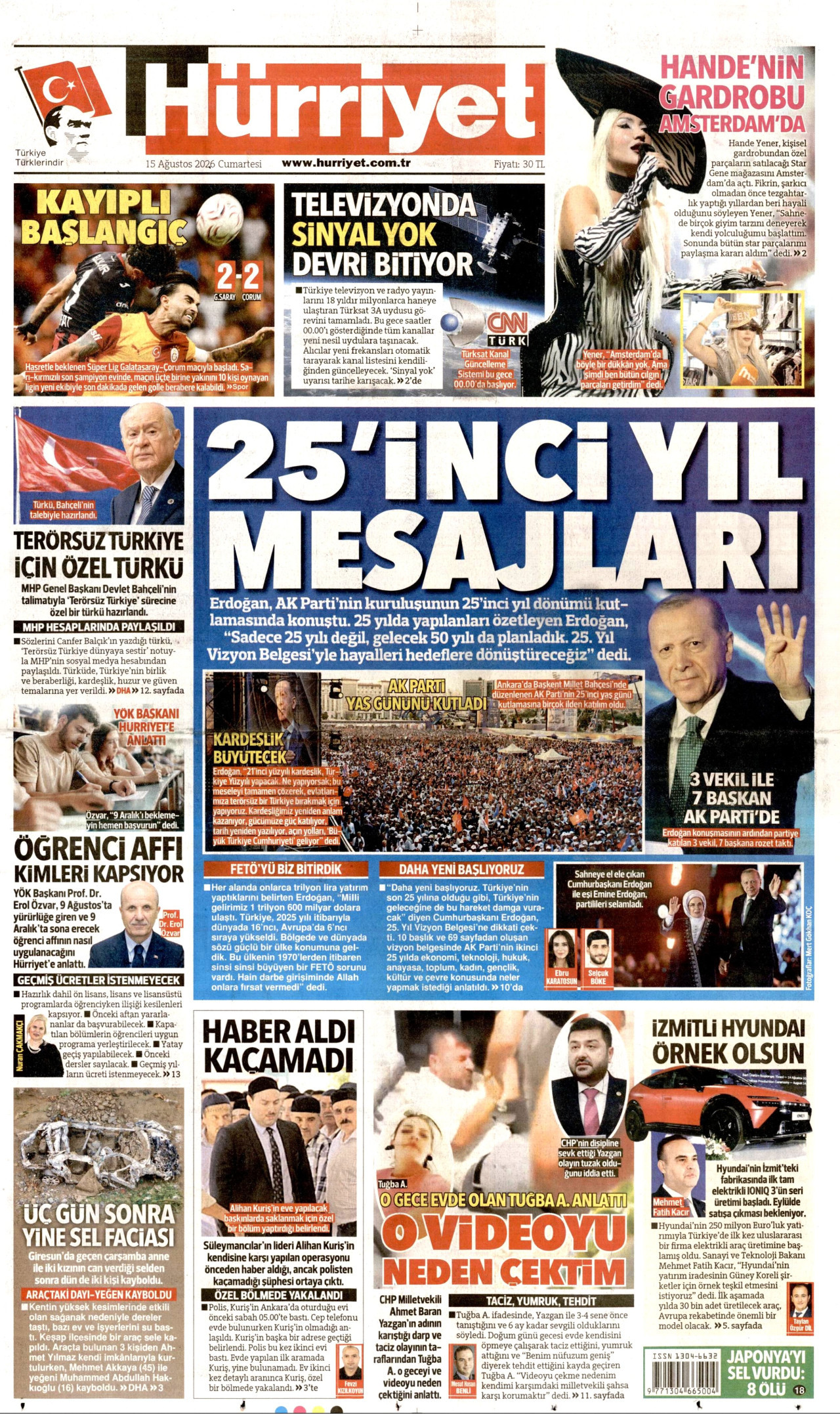 HÜRRİYET gazetesinin 15 Ağustos 2026 tarihli birinci sayfası