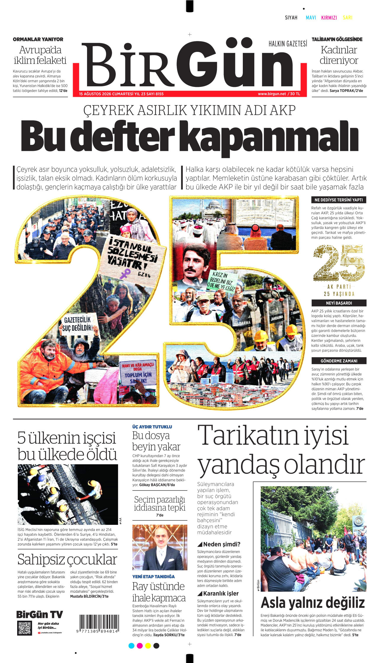 BİRGÜN gazetesinin 15 Ağustos 2026 tarihli birinci sayfası