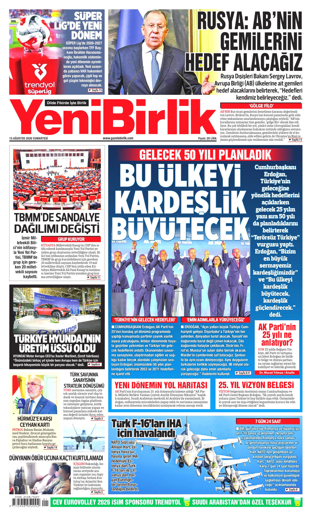 YENİBİRLİK gazetesinin 15 Ağustos 2026 tarihli birinci sayfası