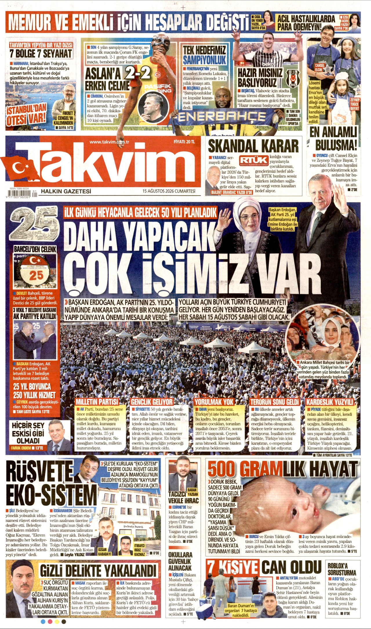 TAKVİM gazetesinin 15 Ağustos 2026 tarihli birinci sayfası