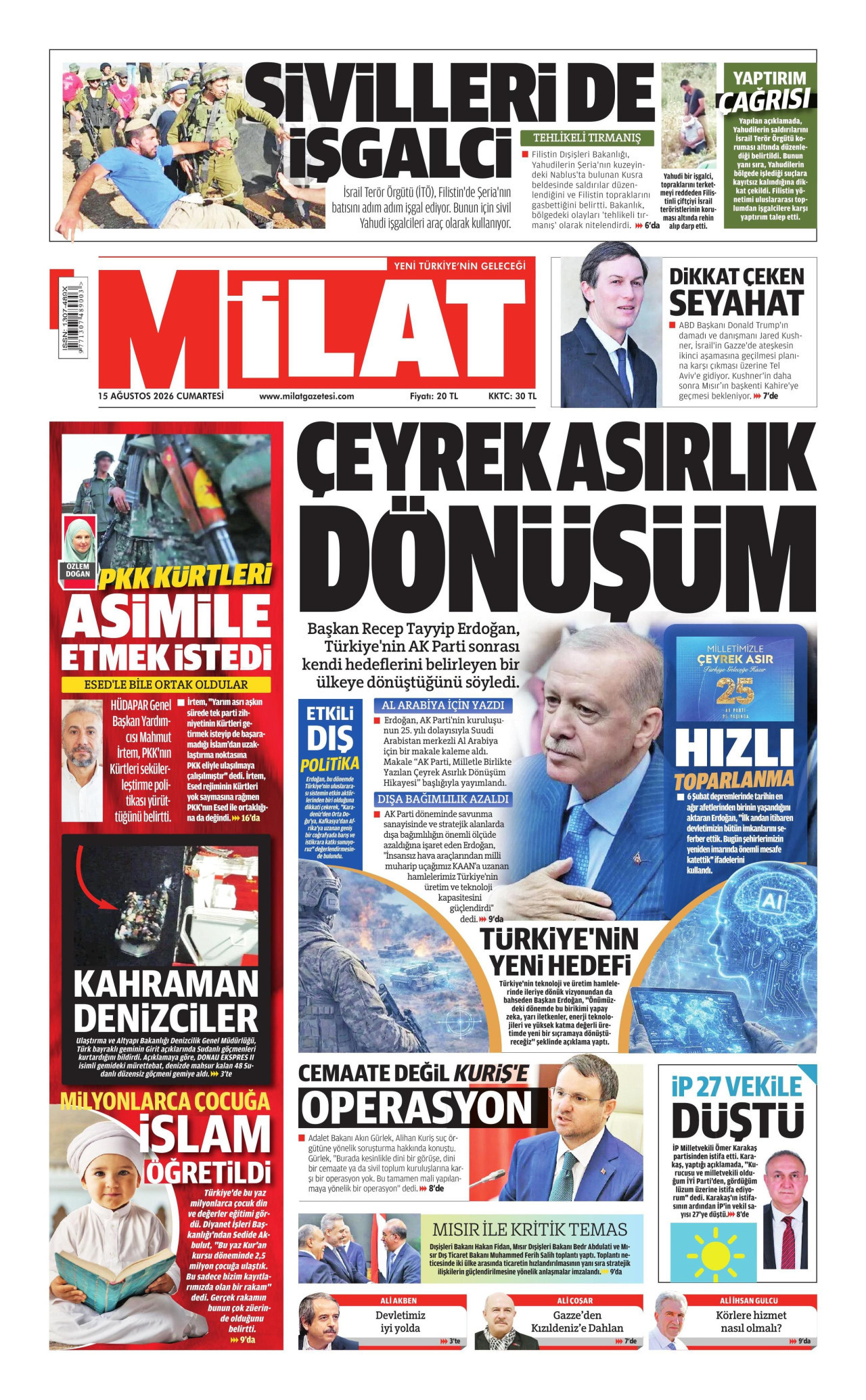MİLAT gazetesinin 15 Ağustos 2026 tarihli birinci sayfası