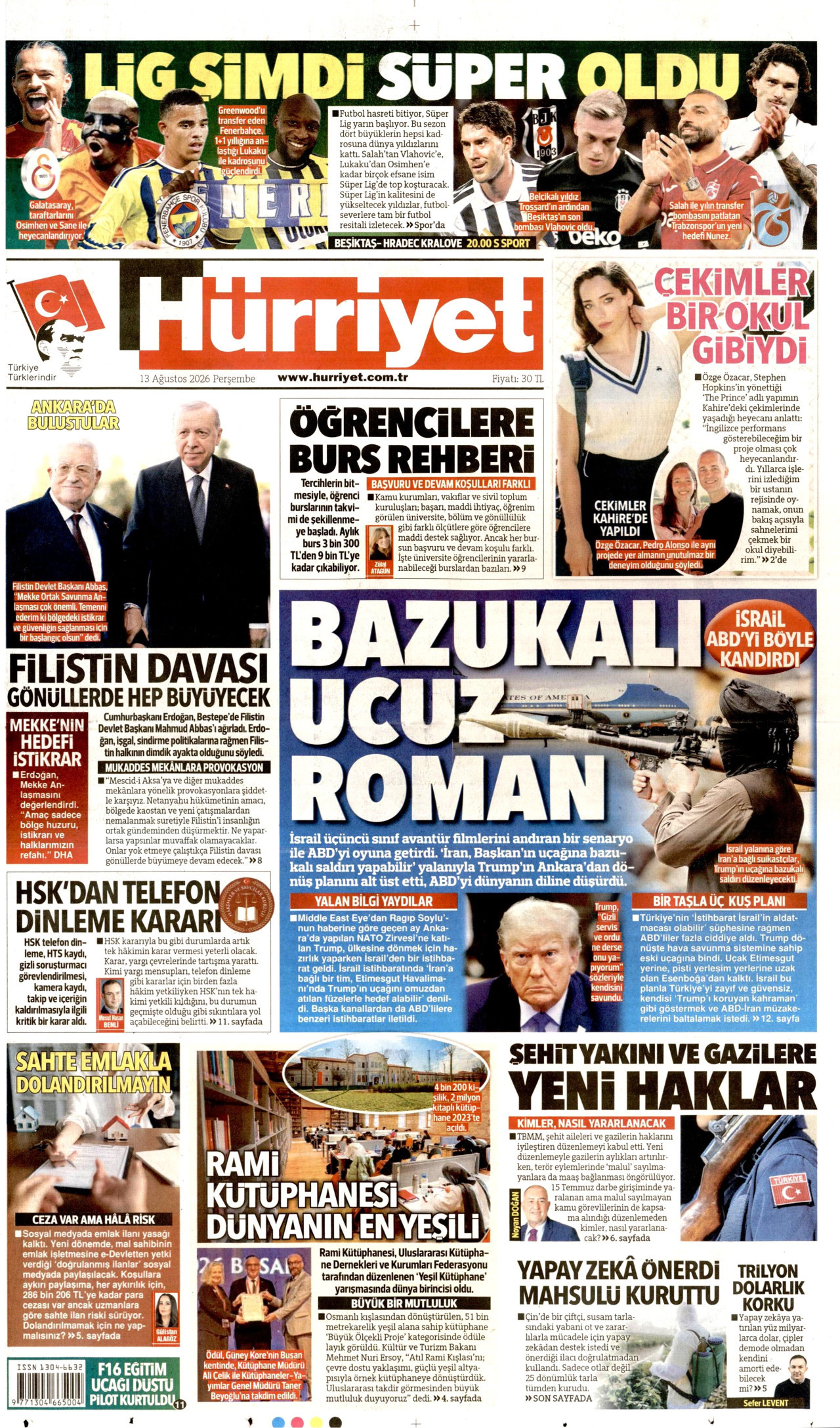 HÜRRİYET gazetesinin 13 Ağustos 2026 tarihli birinci sayfası
