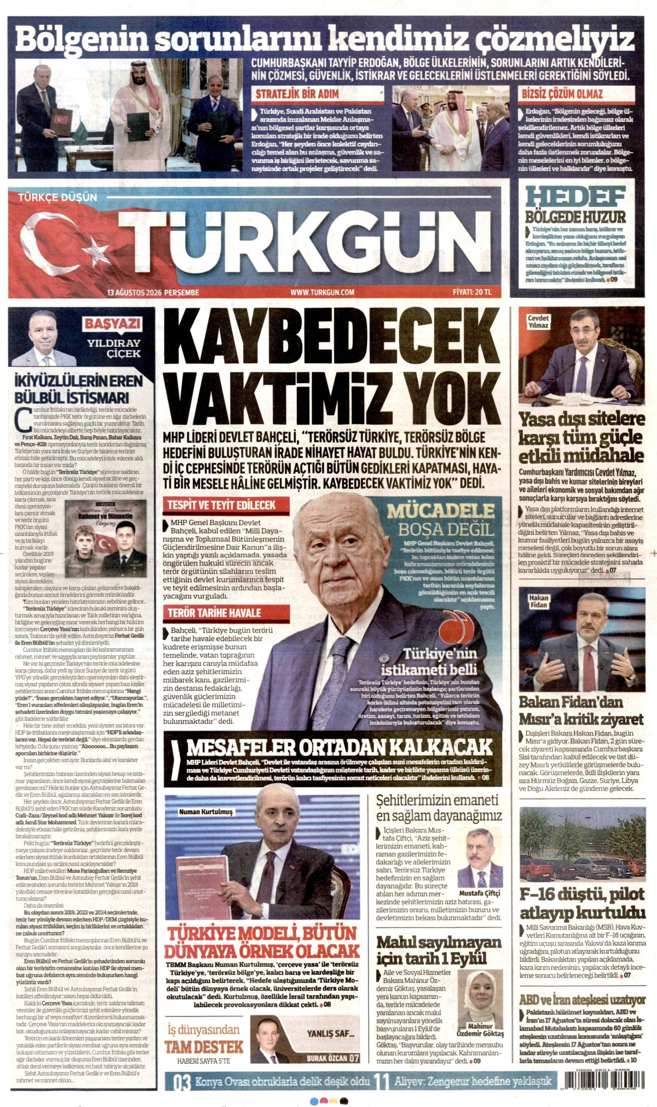 TÜRKGÜN gazetesinin 13 Ağustos 2026 tarihli birinci sayfası