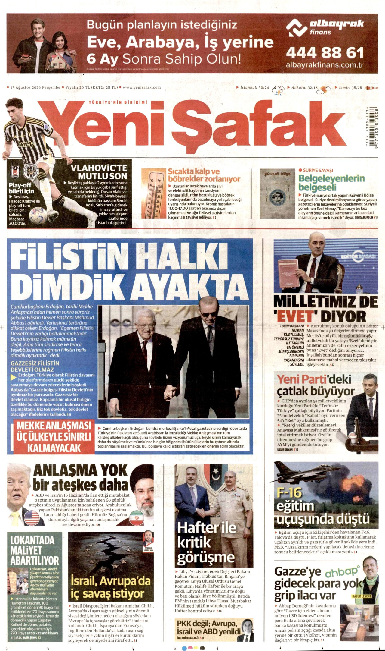 YENİ ŞAFAK gazetesinin 13 Ağustos 2026 tarihli birinci sayfası