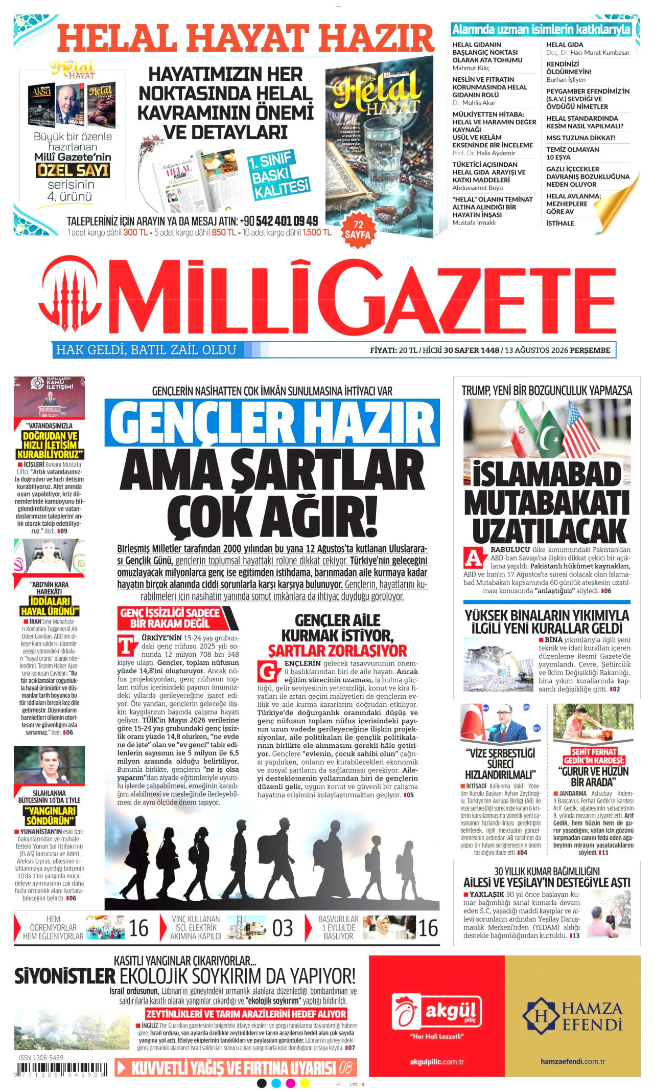 MİLLİ GAZETE gazetesinin 13 Ağustos 2026 tarihli birinci sayfası