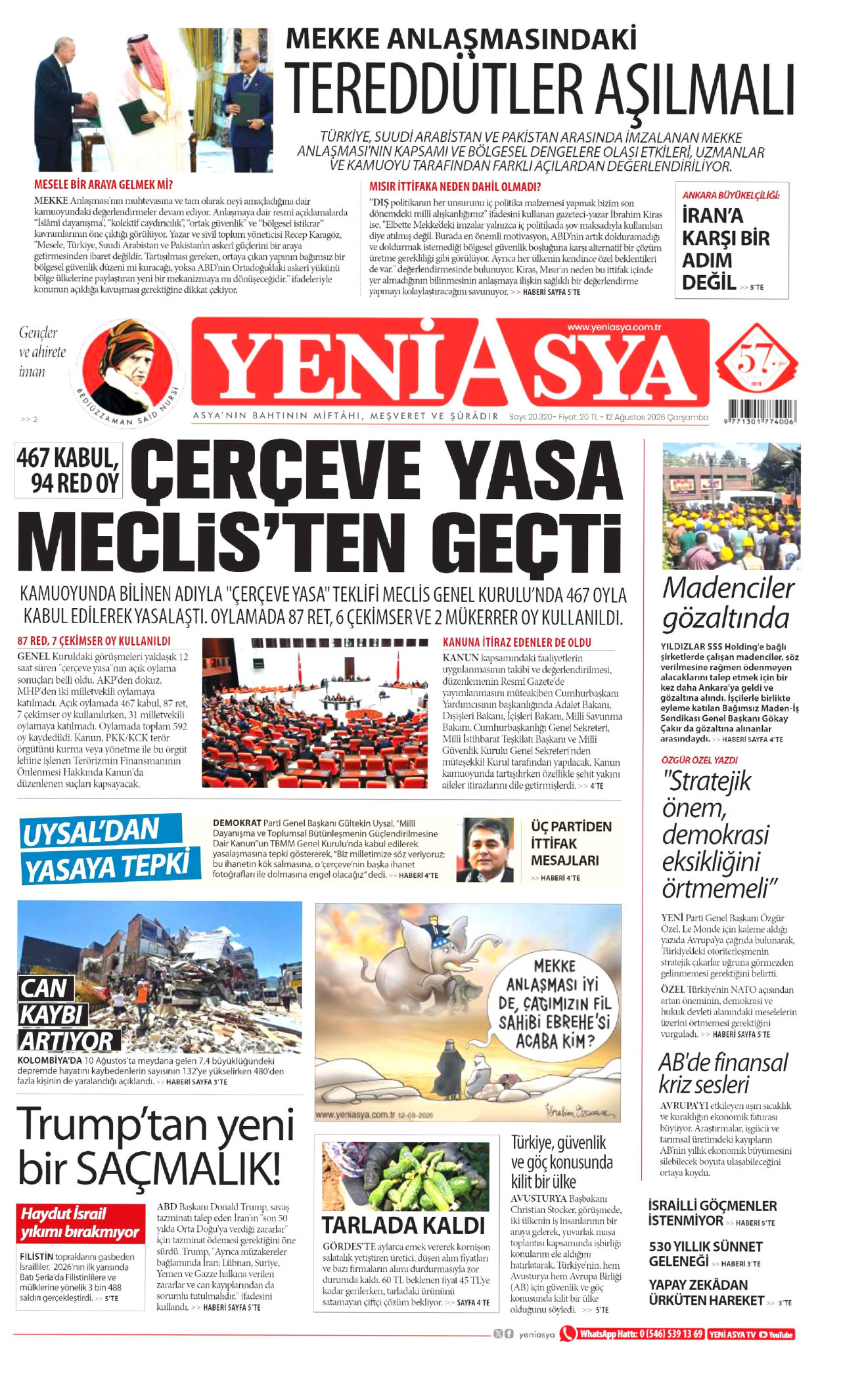 YENİ ASYA gazetesinin 12 Ağustos 2026 tarihli birinci sayfası