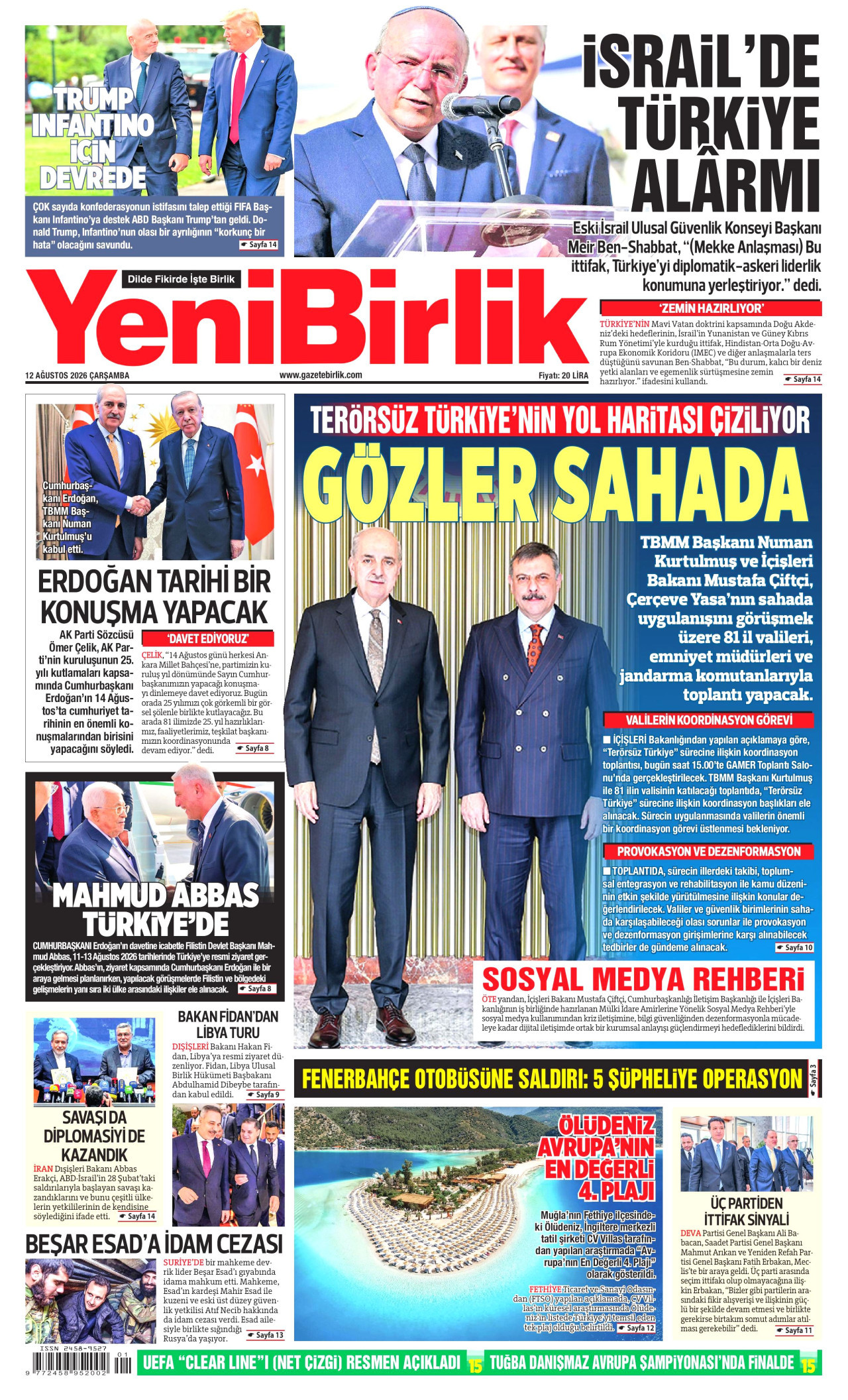 YENİBİRLİK gazetesinin 12 Ağustos 2026 tarihli birinci sayfası