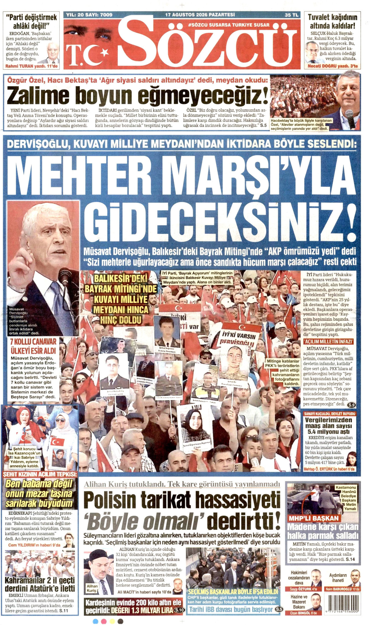 SÖZCÜ gazetesinin 17 Ağustos 2026 tarihli birinci sayfası
