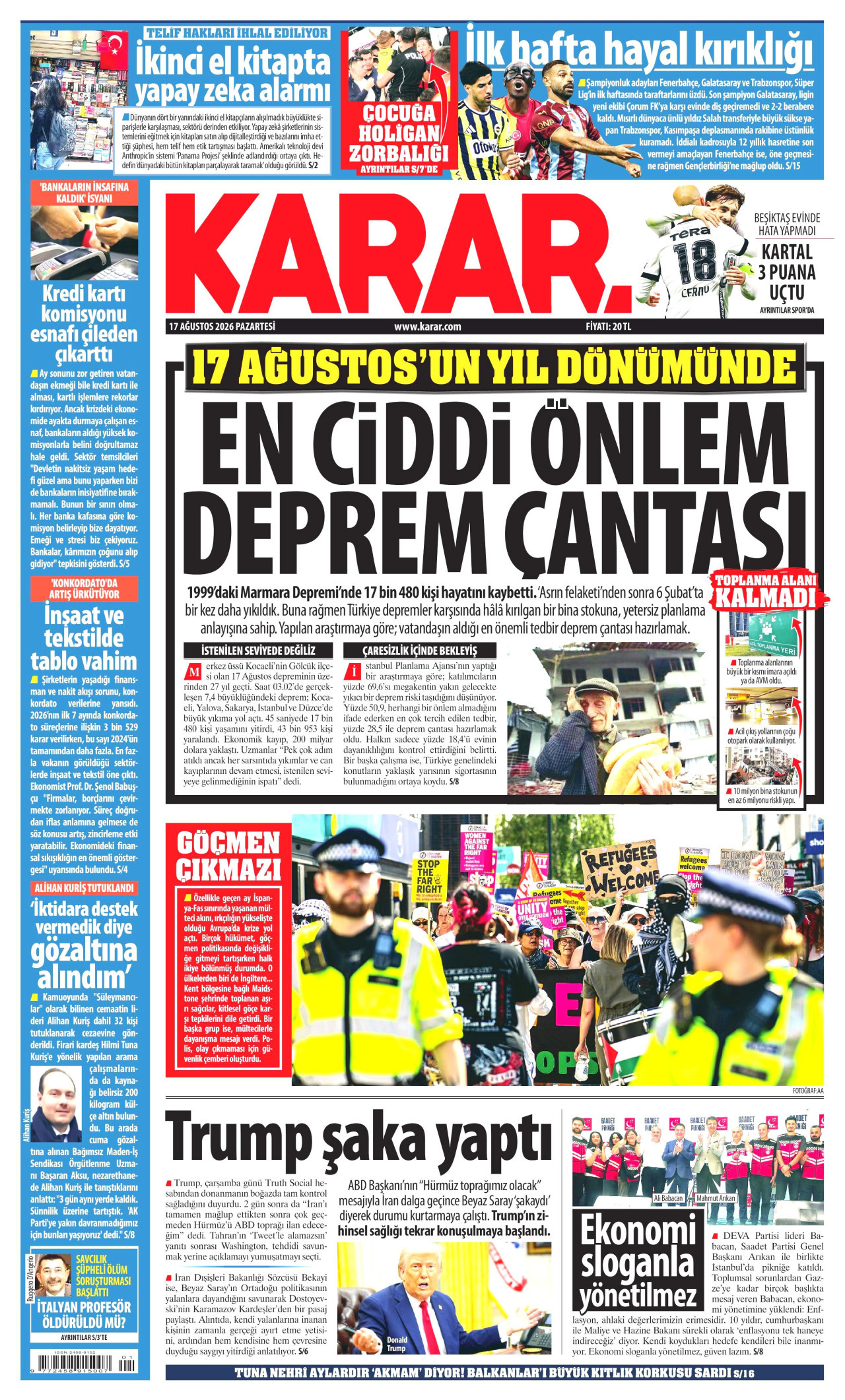 KARAR gazetesinin 17 Ağustos 2026 tarihli birinci sayfası
