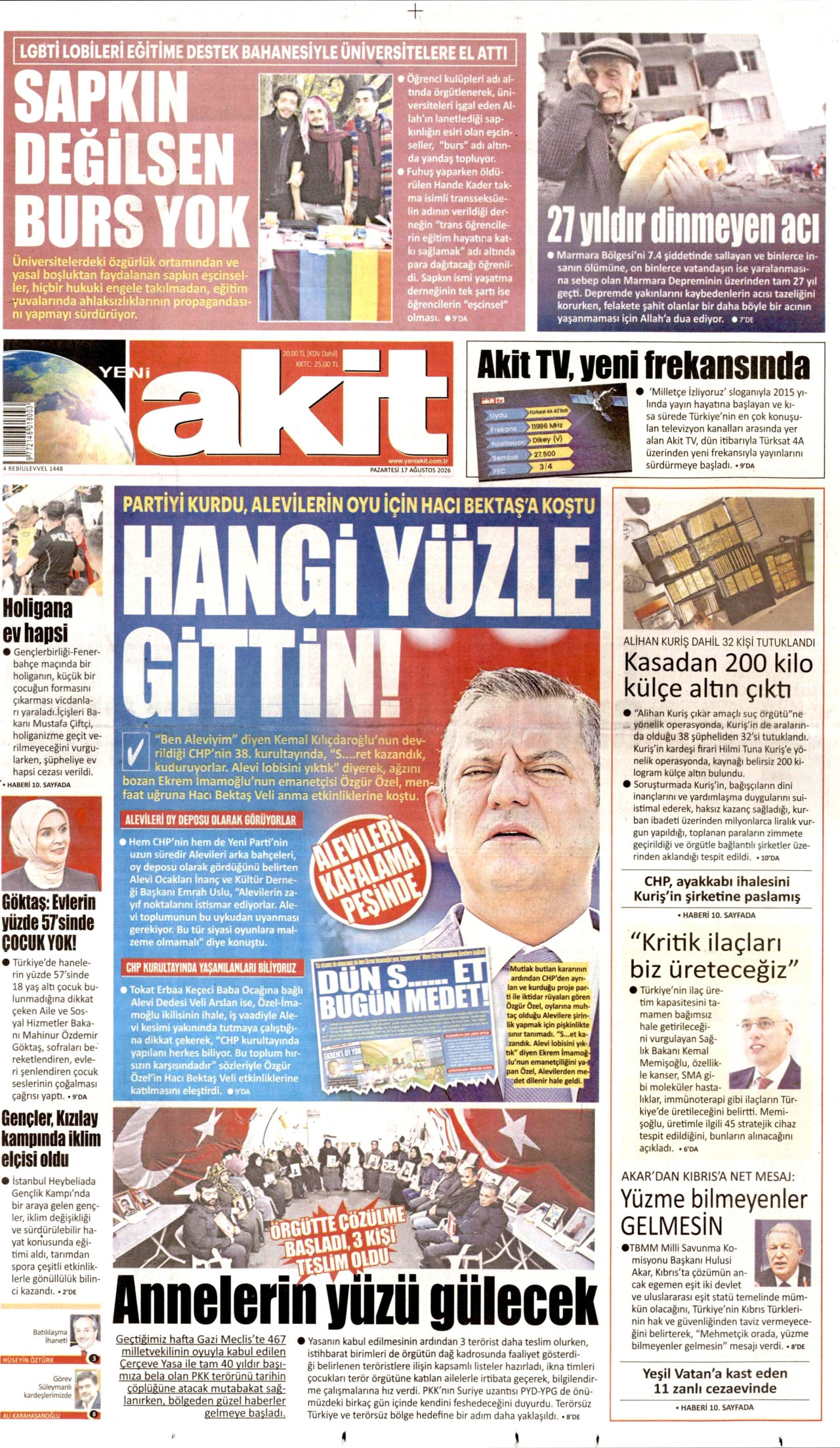 YENİ AKİT gazetesinin 17 Ağustos 2026 tarihli birinci sayfası