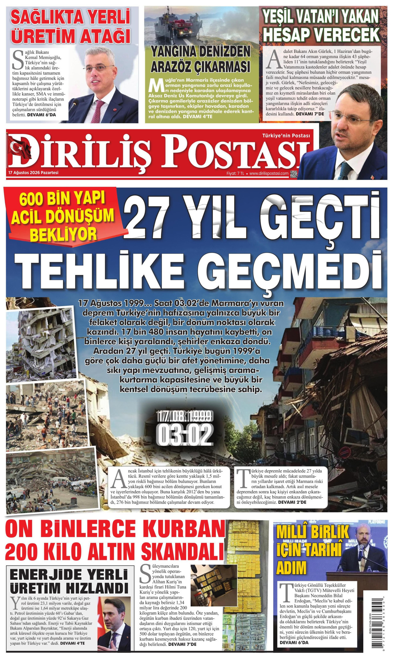 DİRİLİŞ POSTASI gazetesinin 17 Ağustos 2026 tarihli birinci sayfası