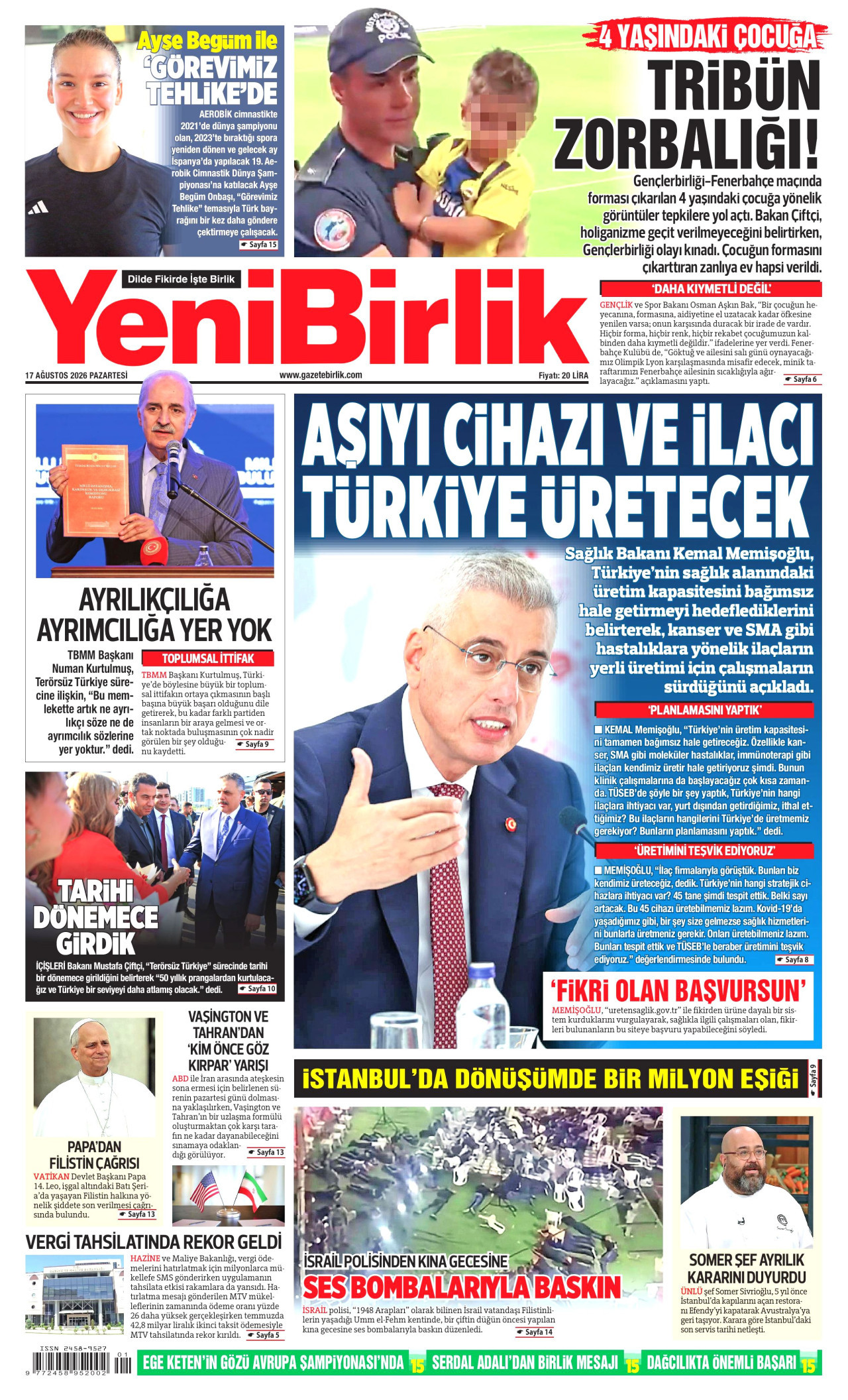 YENİBİRLİK gazetesinin 17 Ağustos 2026 tarihli birinci sayfası