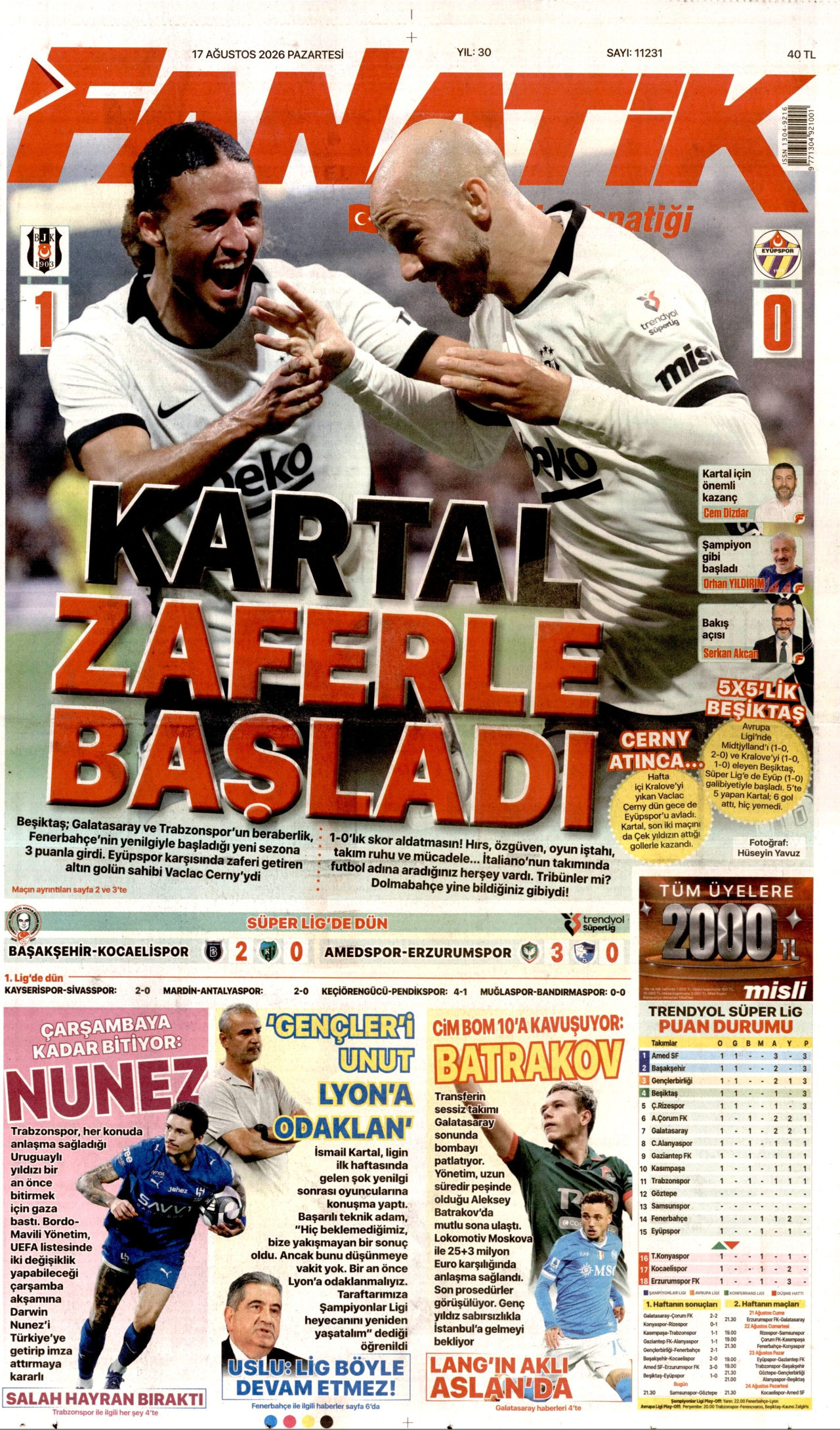 FANATİK gazetesinin 17 Ağustos 2026 tarihli birinci sayfası