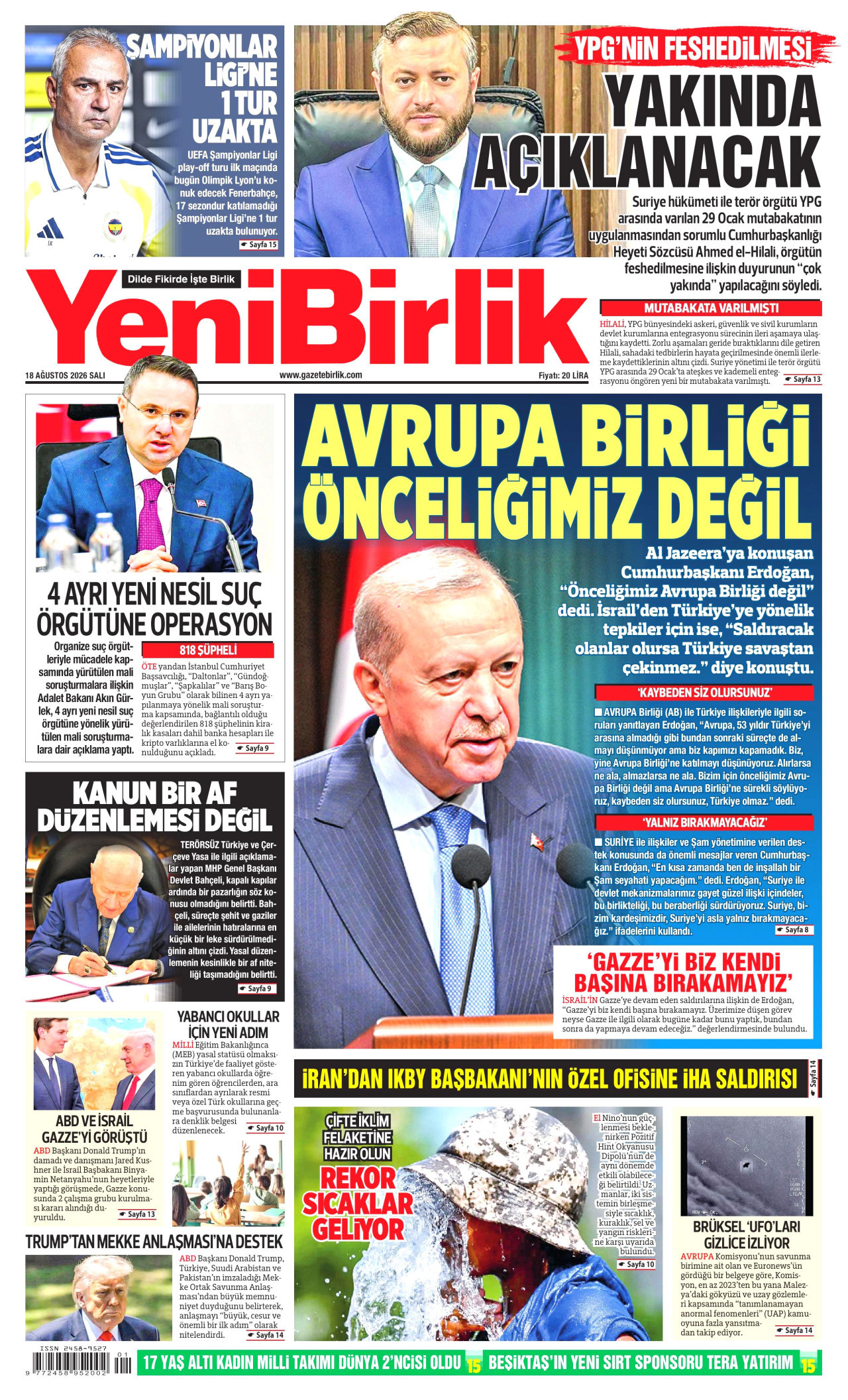 YENİBİRLİK 18 Ağustos 2026 Gazete Manşeti Büyük