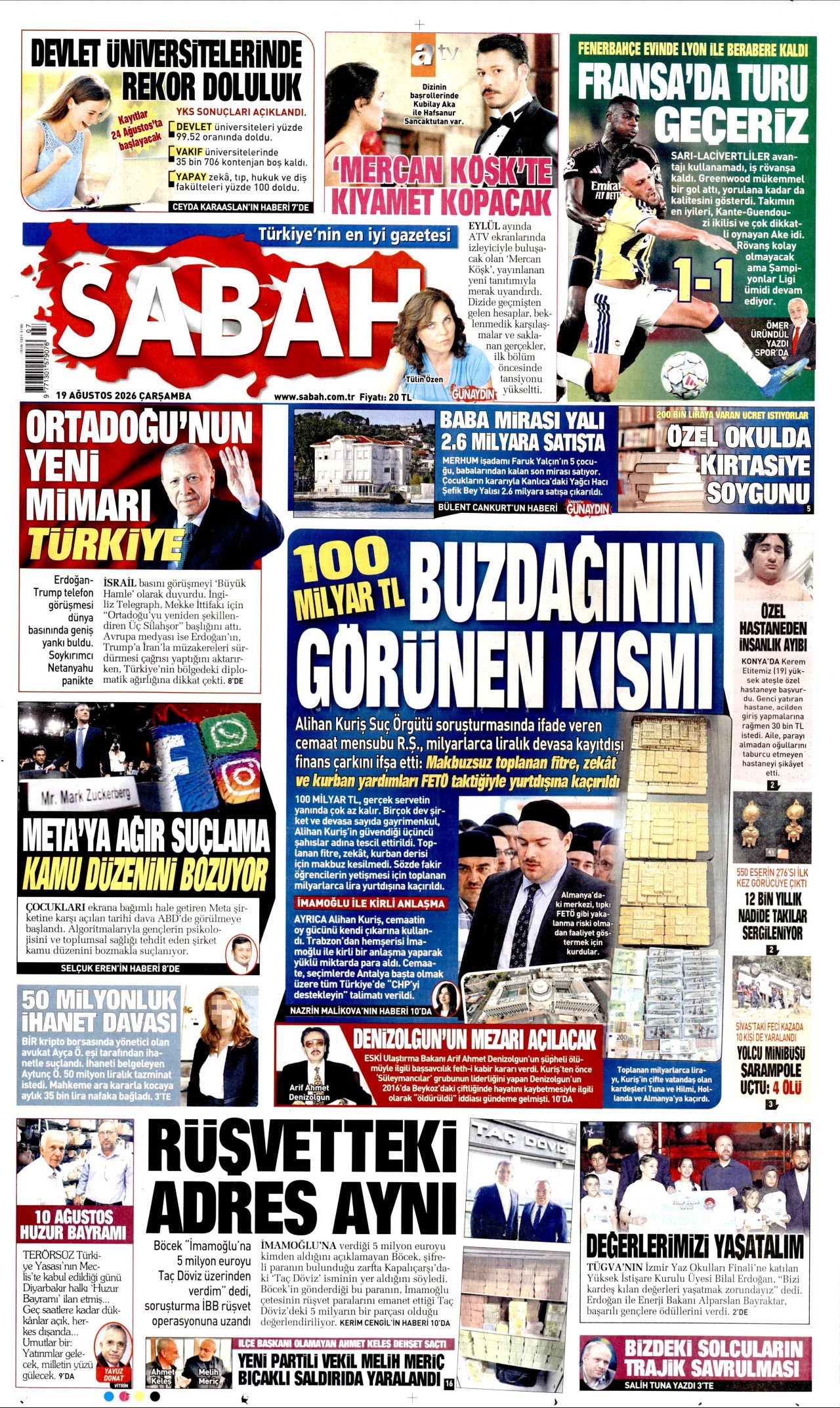 SABAH gazetesinin 19 Ağustos 2026 tarihli birinci sayfası