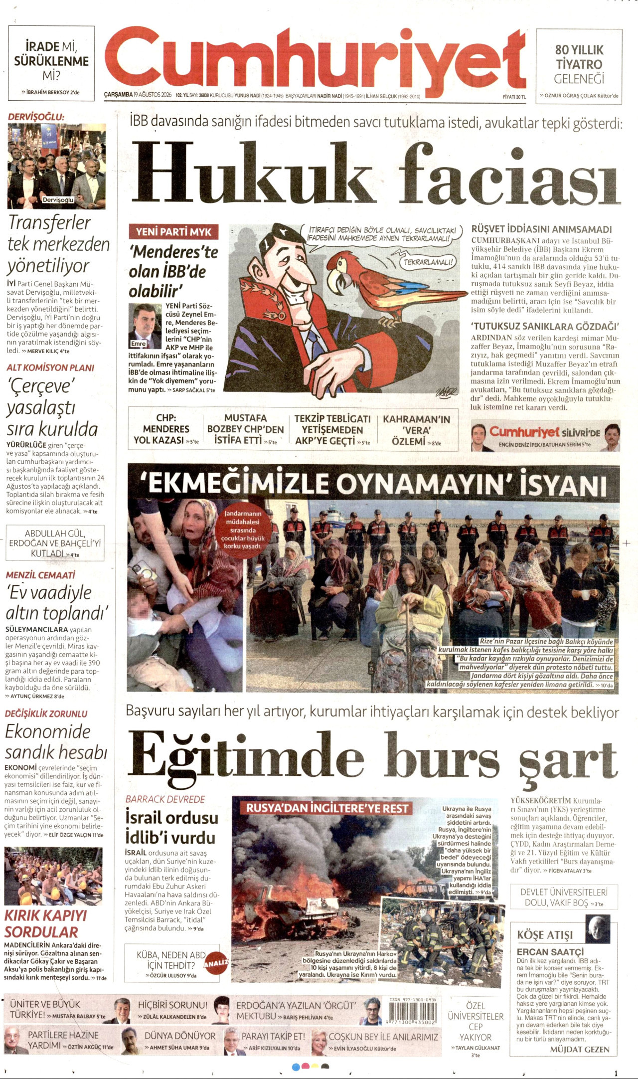 CUMHURİYET gazetesinin 19 Ağustos 2026 tarihli birinci sayfası