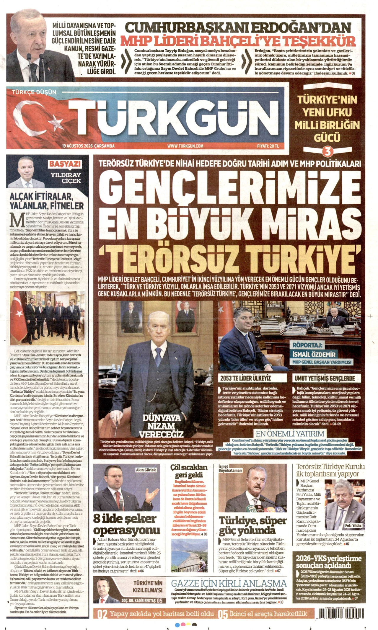 TÜRKGÜN gazetesinin 19 Ağustos 2026 tarihli birinci sayfası