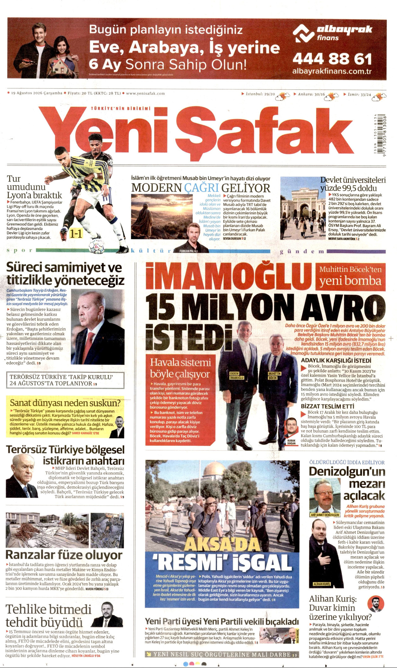 YENİ ŞAFAK gazetesinin 19 Ağustos 2026 tarihli birinci sayfası