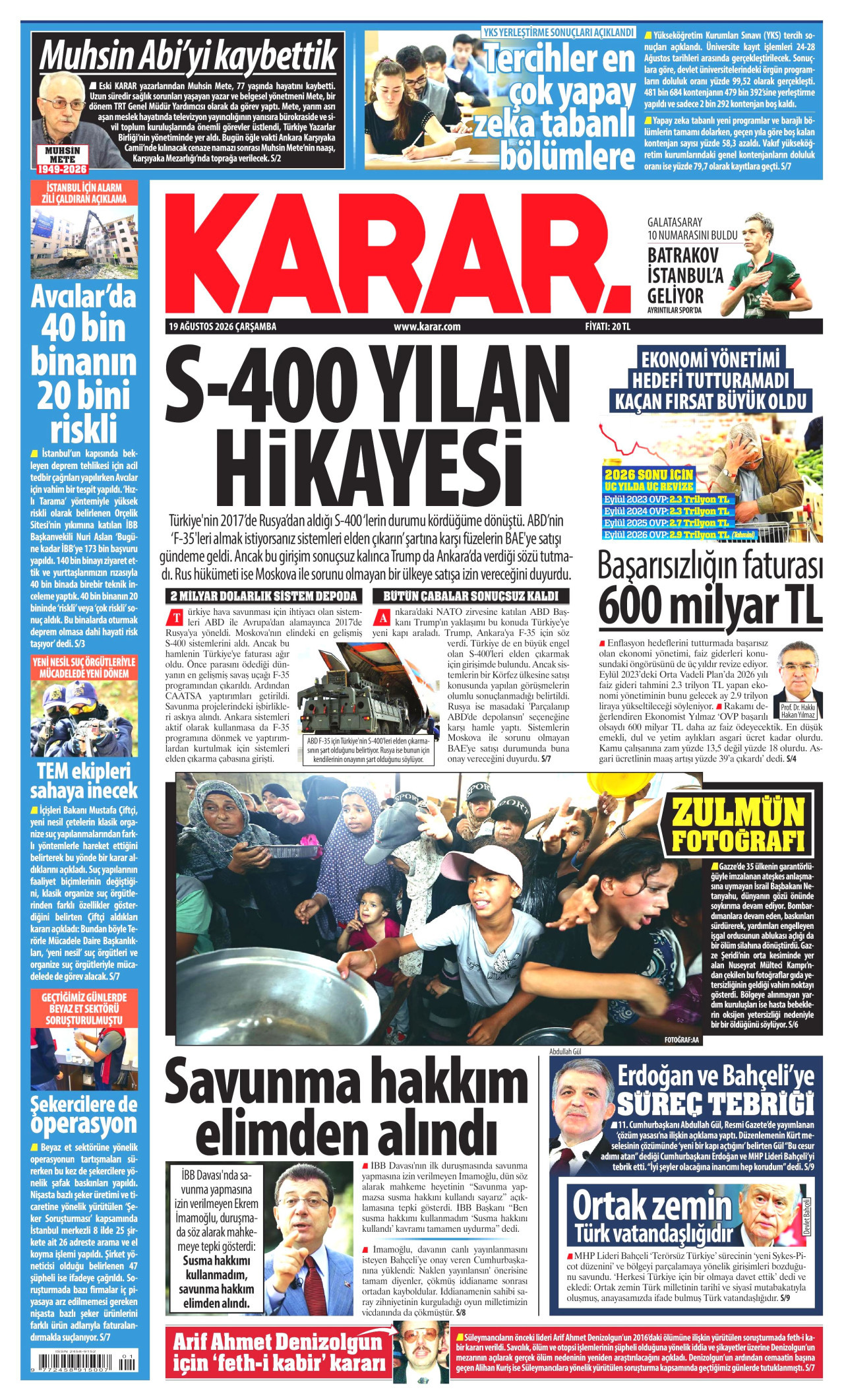 KARAR gazetesinin 19 Ağustos 2026 tarihli birinci sayfası