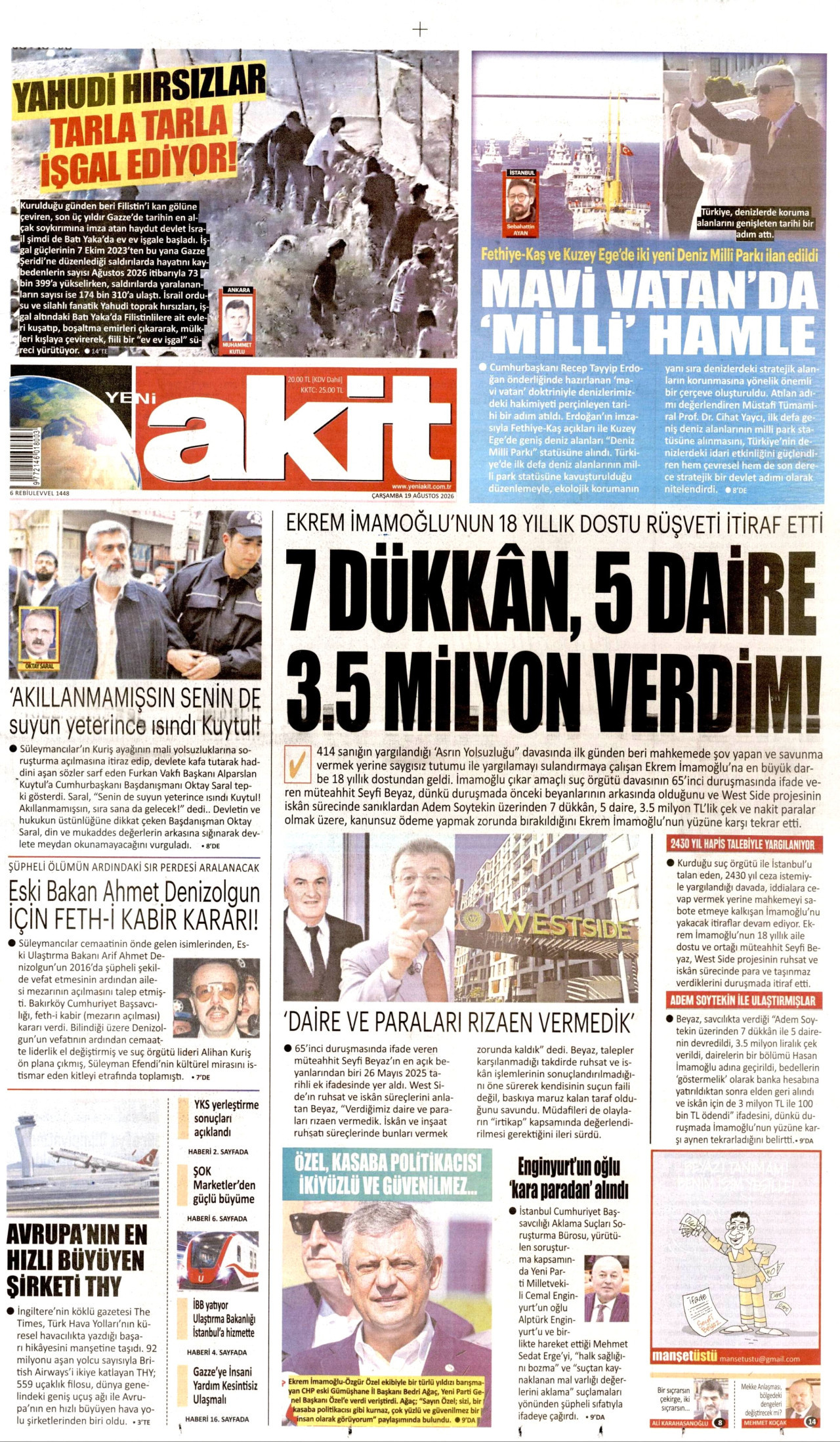 YENİ AKİT gazetesinin 19 Ağustos 2026 tarihli birinci sayfası
