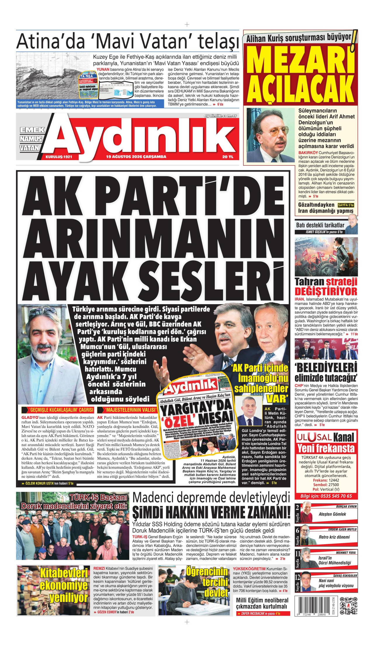 AYDINLIK GAZETESİ gazetesinin 19 Ağustos 2026 tarihli birinci sayfası