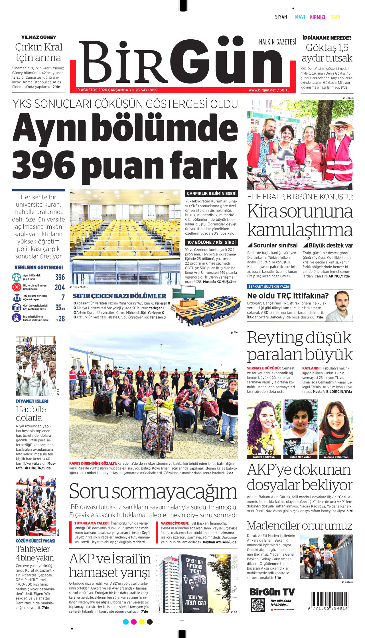 BİRGÜN gazetesinin 19 Ağustos 2026 tarihli birinci sayfası