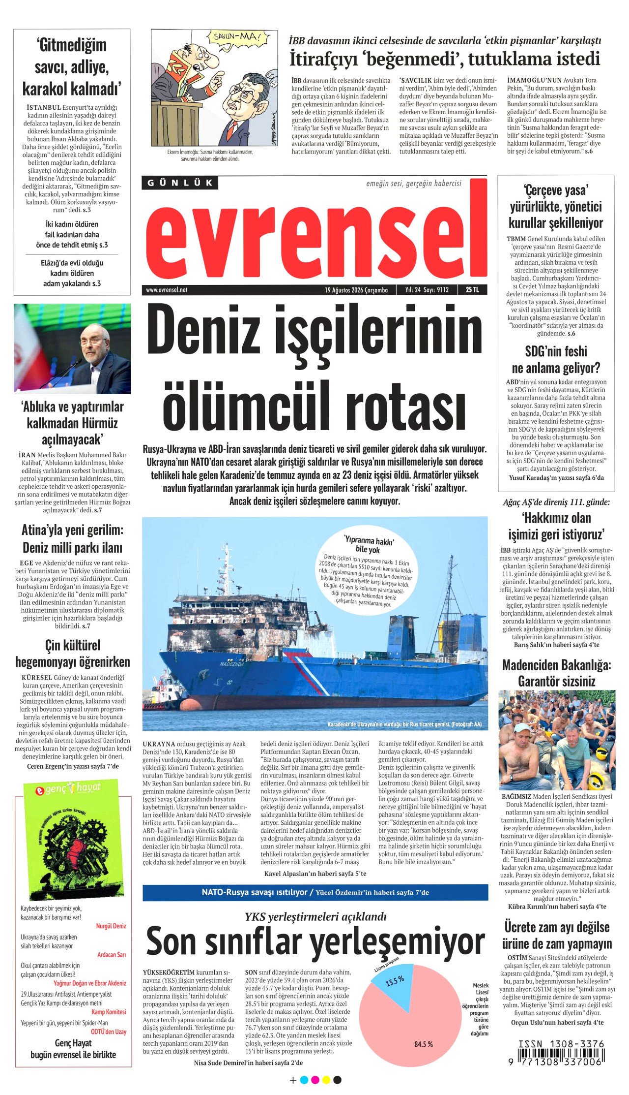 EVRENSEL gazetesinin 19 Ağustos 2026 tarihli birinci sayfası