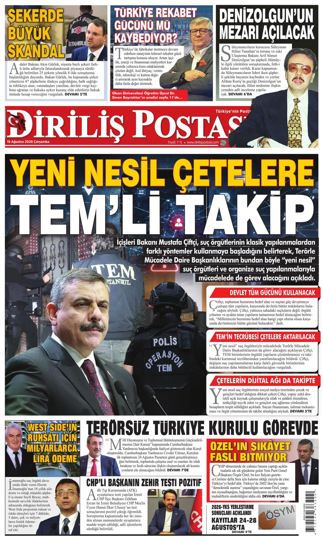 DİRİLİŞ POSTASI gazetesinin 19 Ağustos 2026 tarihli birinci sayfası