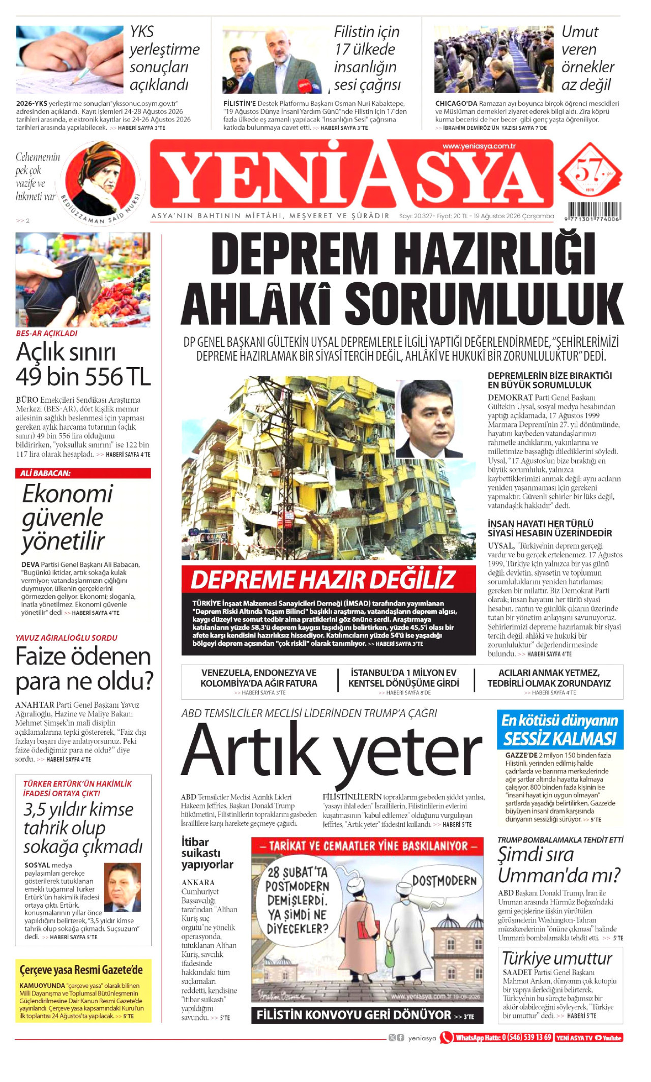 YENİ ASYA gazetesinin 19 Ağustos 2026 tarihli birinci sayfası