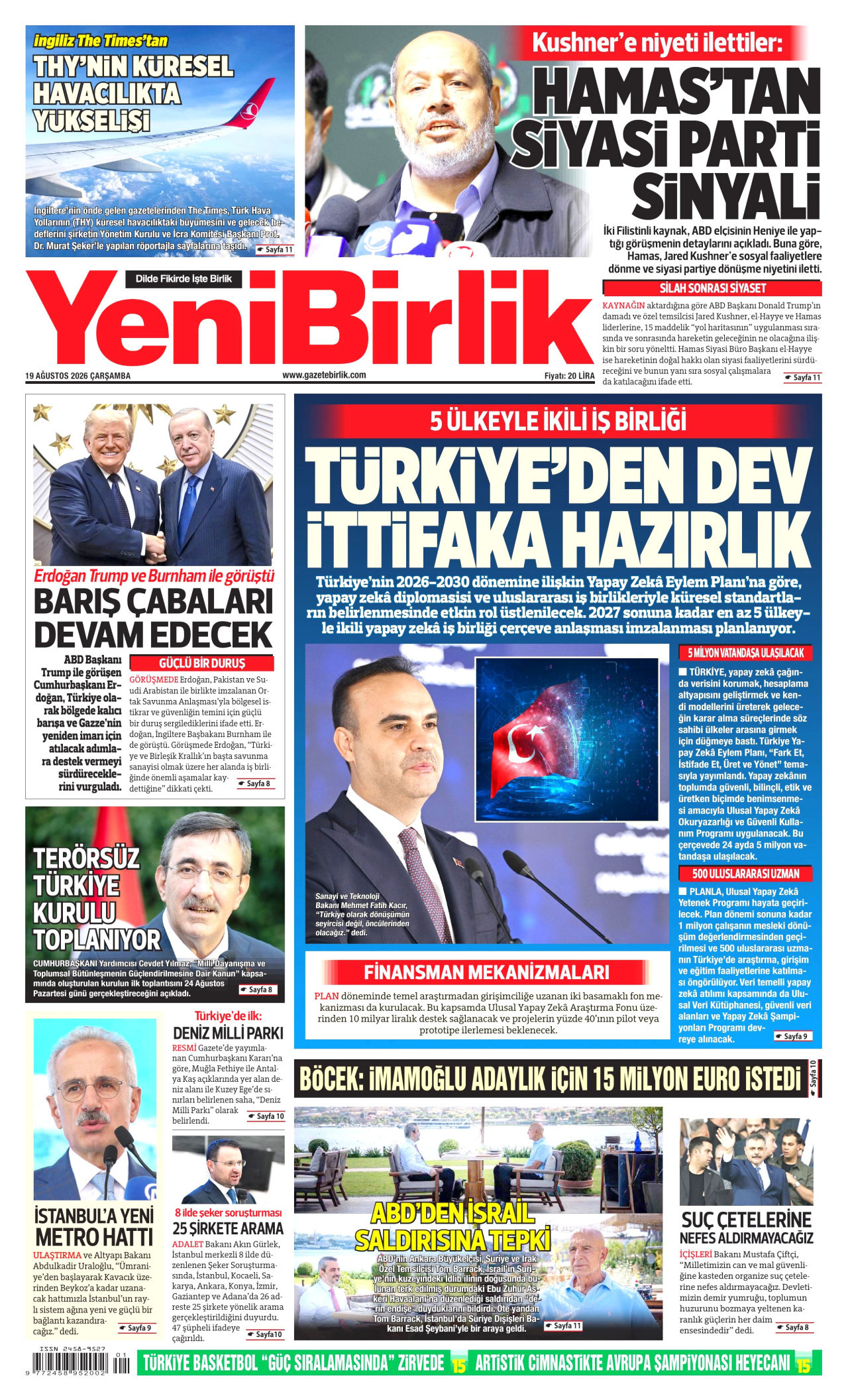 YENİBİRLİK gazetesinin 19 Ağustos 2026 tarihli birinci sayfası