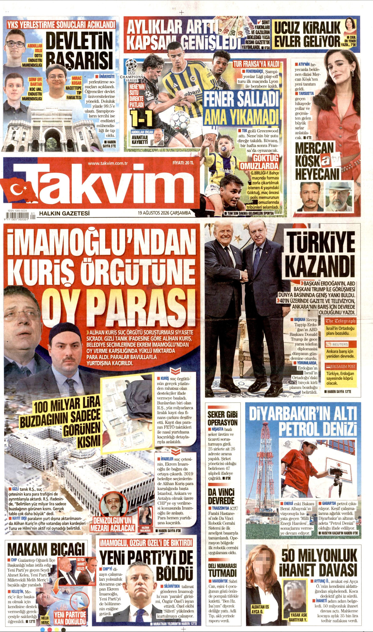 TAKVİM gazetesinin 19 Ağustos 2026 tarihli birinci sayfası
