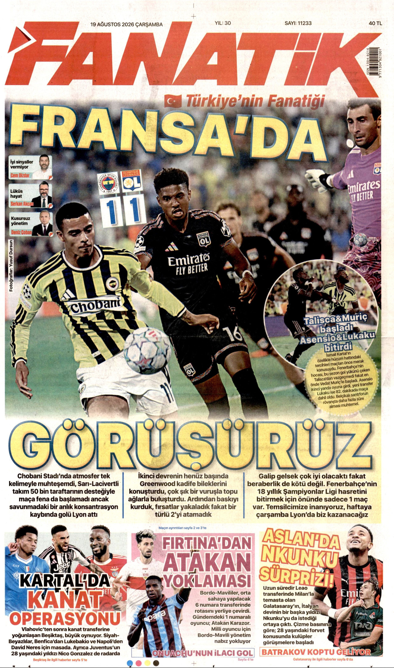 FANATİK gazetesinin 19 Ağustos 2026 tarihli birinci sayfası
