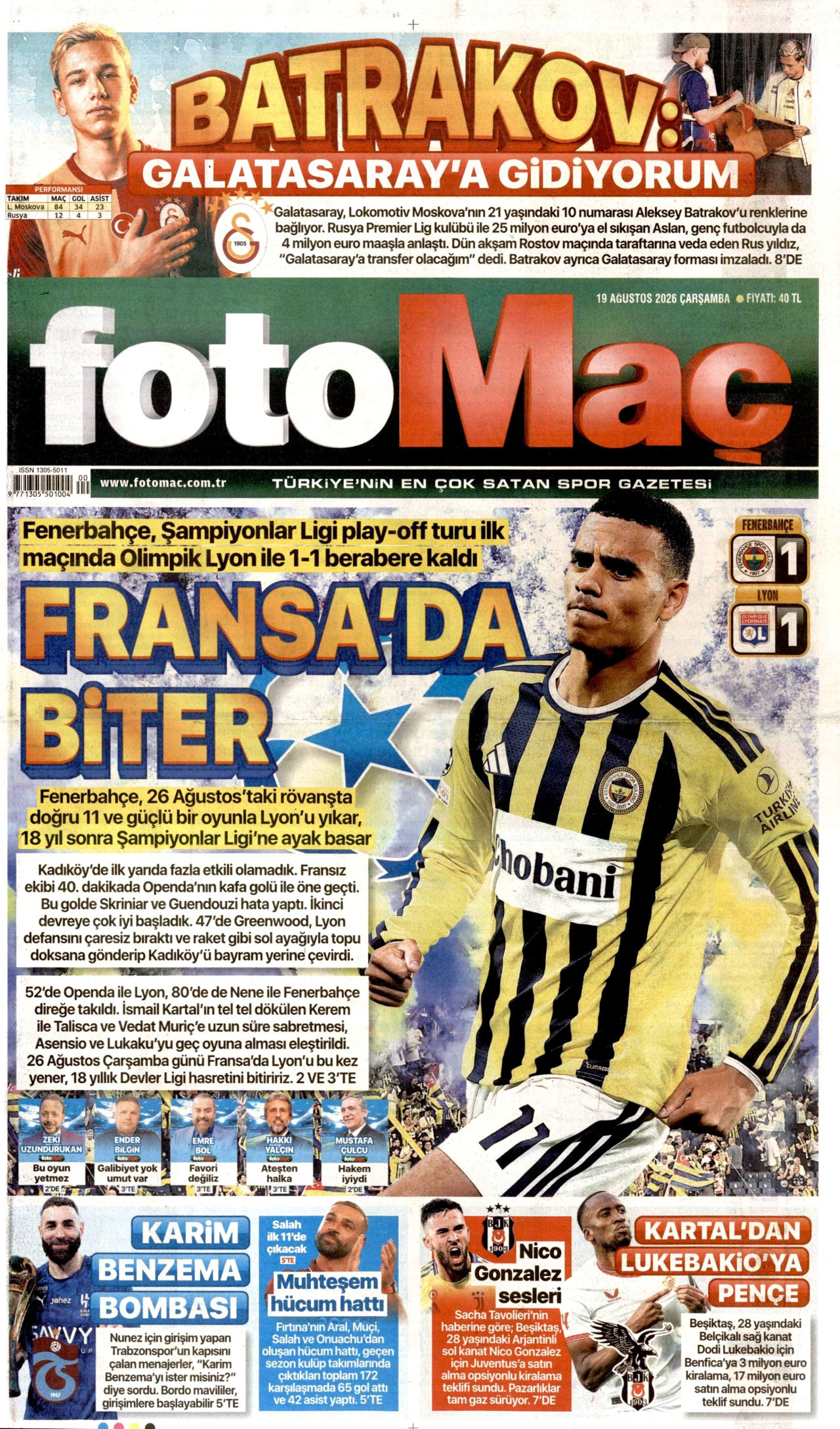 FOTOMAÇ gazetesinin 19 Ağustos 2026 tarihli birinci sayfası