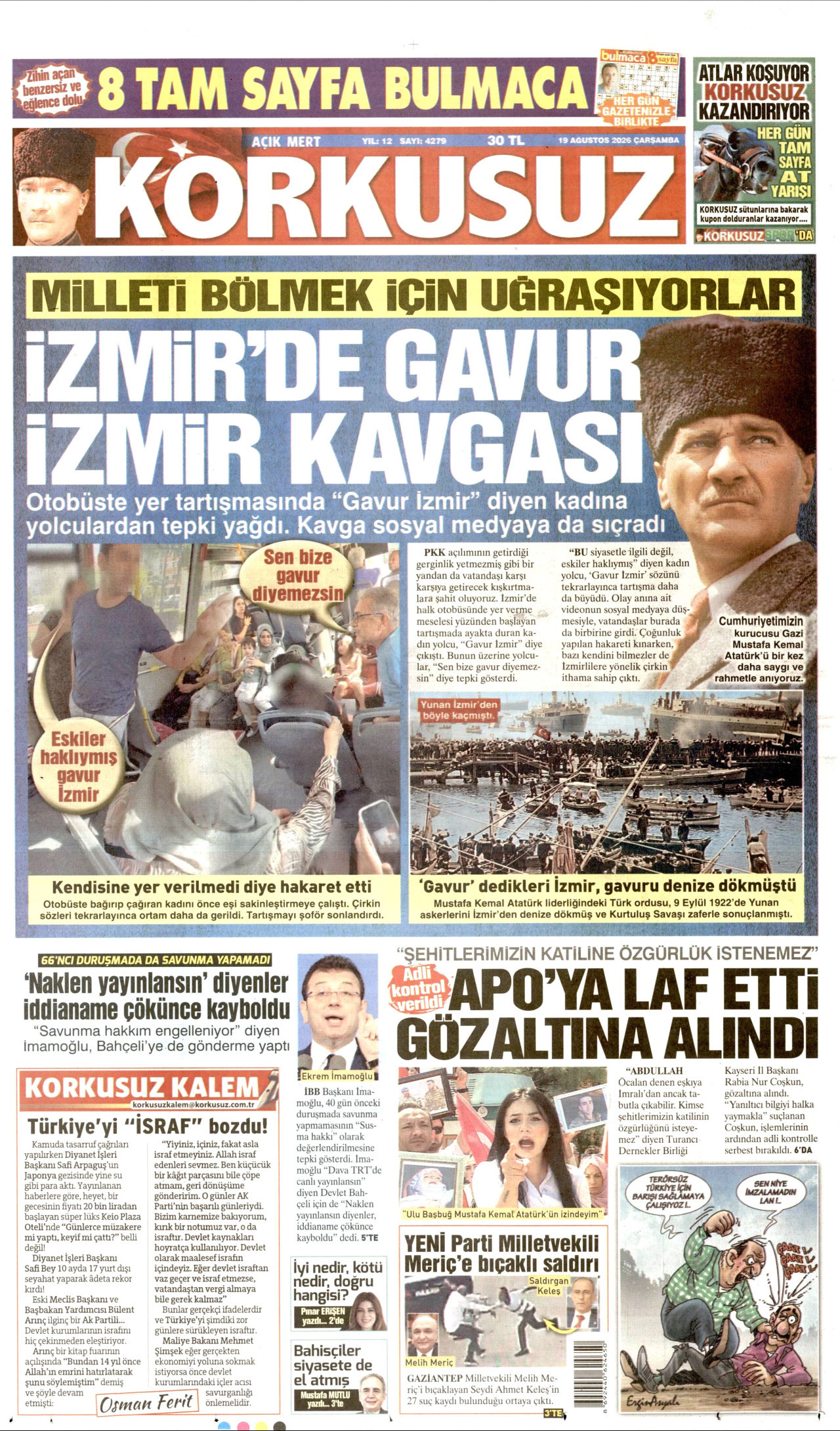 KORKUSUZ gazetesinin 19 Ağustos 2026 tarihli birinci sayfası