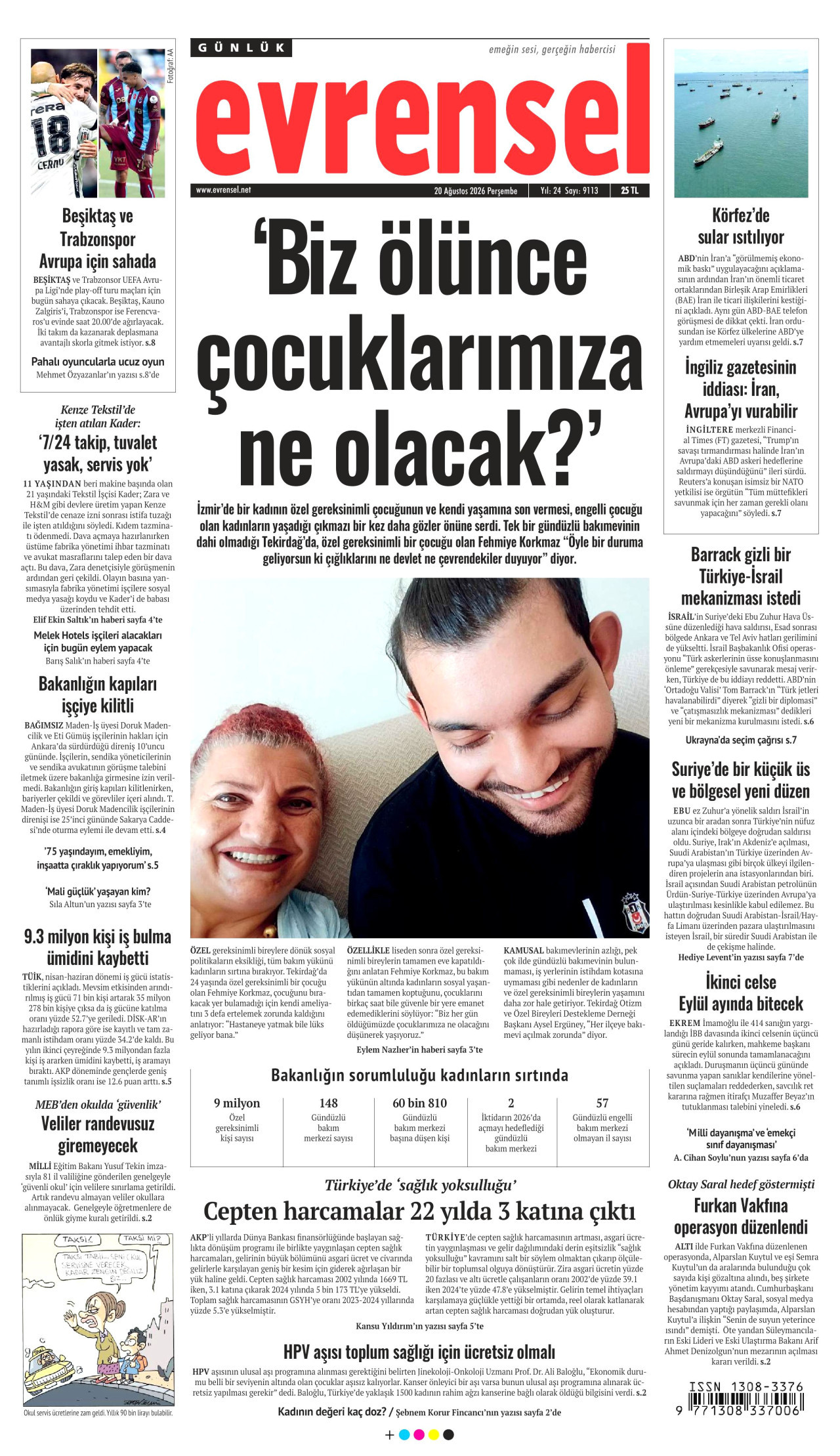 EVRENSEL gazetesinin 20 Ağustos 2026 tarihli birinci sayfası