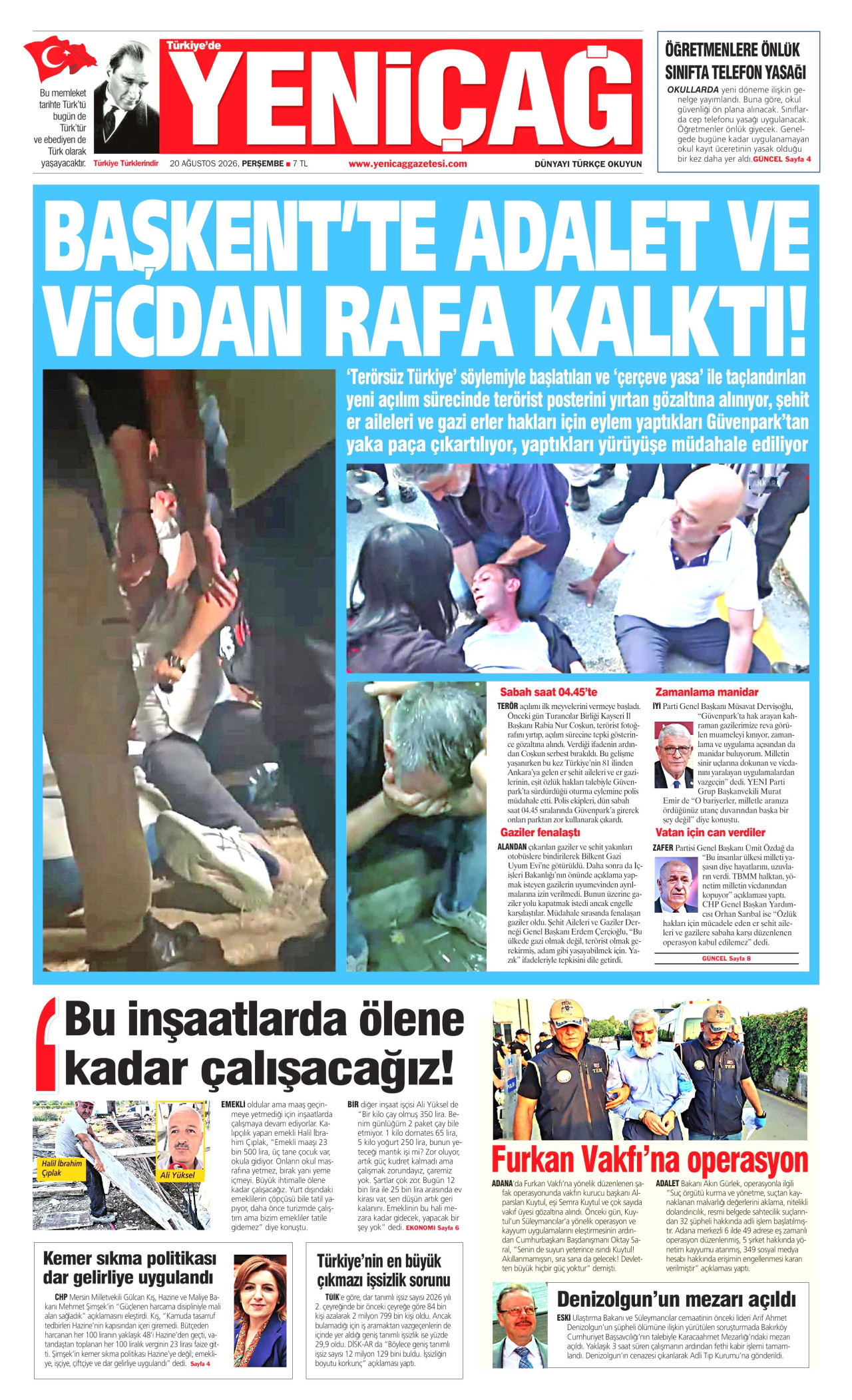 YENİÇAĞ gazetesinin 20 Ağustos 2026 tarihli birinci sayfası